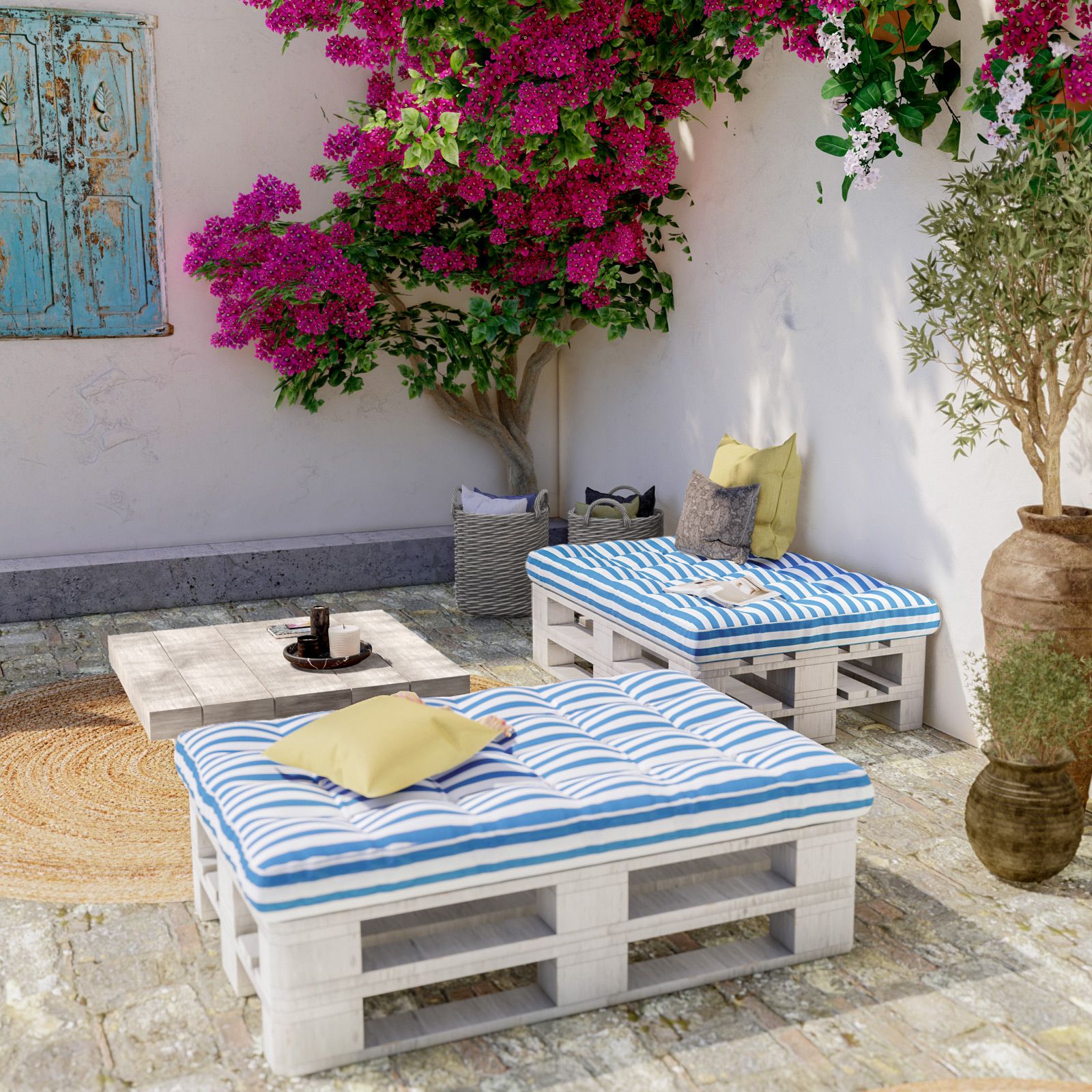 Cuscino pallet per giardino e interno idrorepellente 80x120 cm a righe  bianco e azzurro