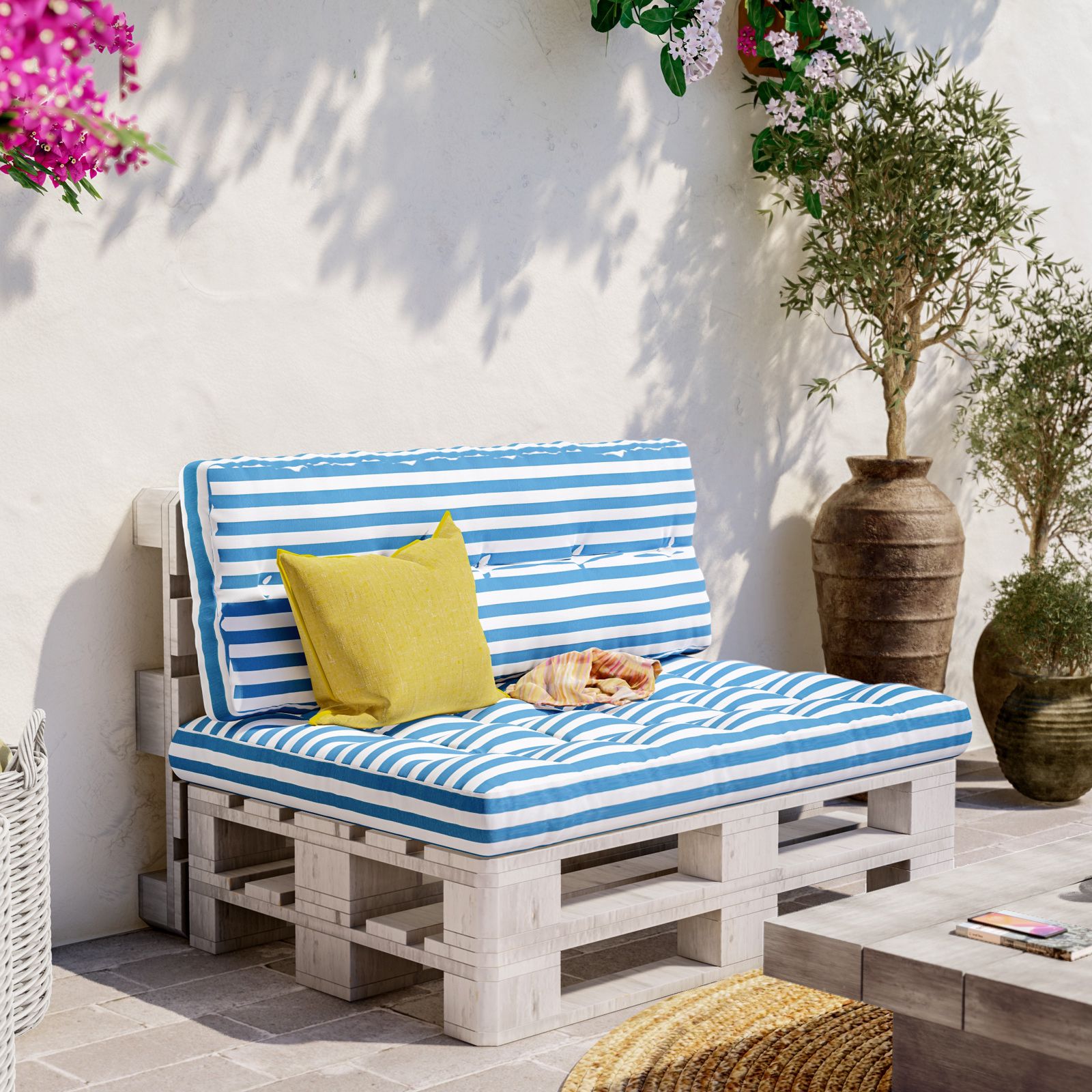 Cuscini Per Pallet Da Esterno – Set 120x80 + 120x60 Cm, Meringa, Federe In Poliestere, Imbottitura In Schiuma PU, Con Lacci Per Fissaggio