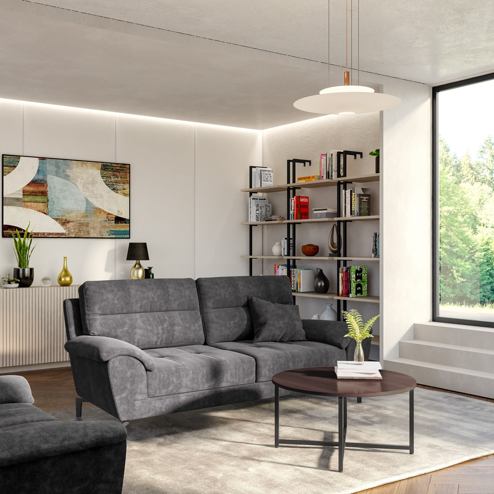 Divano posti in tessuto antracite con cuscino e piedi in metallo