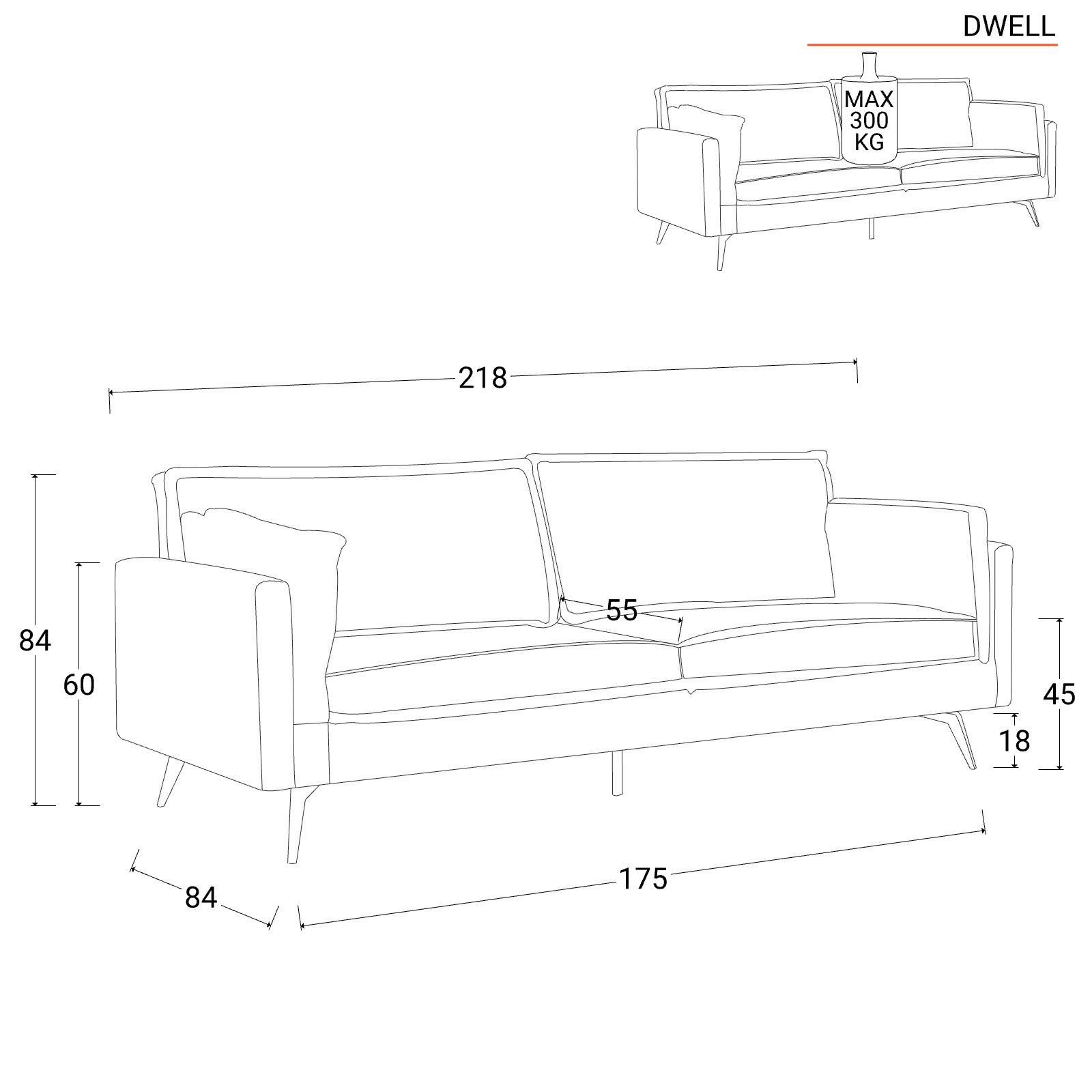 Yasel 140 divano 2 posti stile moderno rivestimento in tessuto 172cm