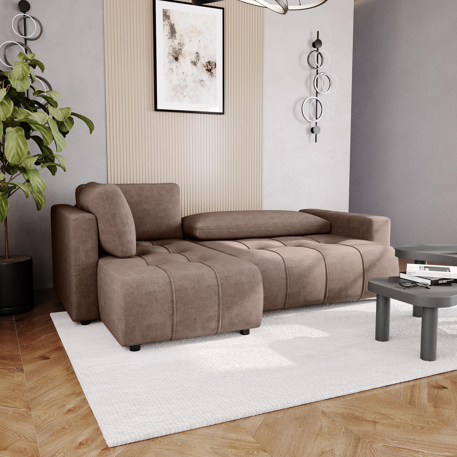 Divano letto posti in tessuto ciniglia tortora scuro con chaise