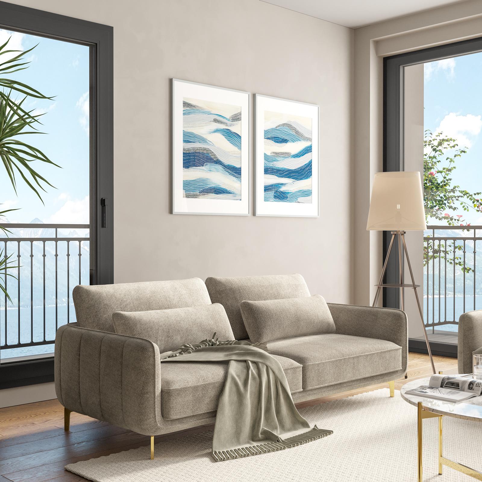 Divano posti in tessuto ciniglia tortora con gambe in metallo