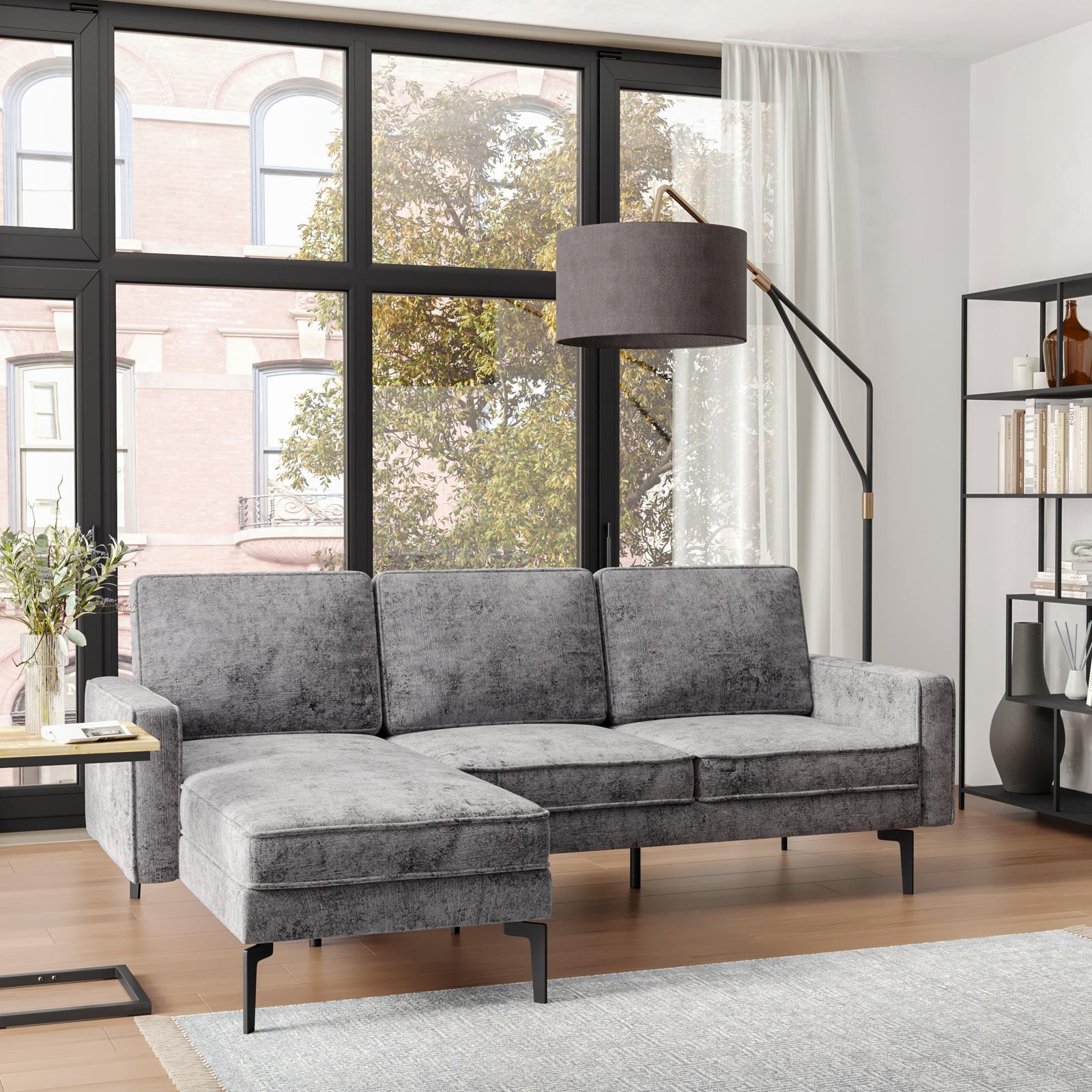 Divano posti in tessuto ciniglia grigio con chaise longue a