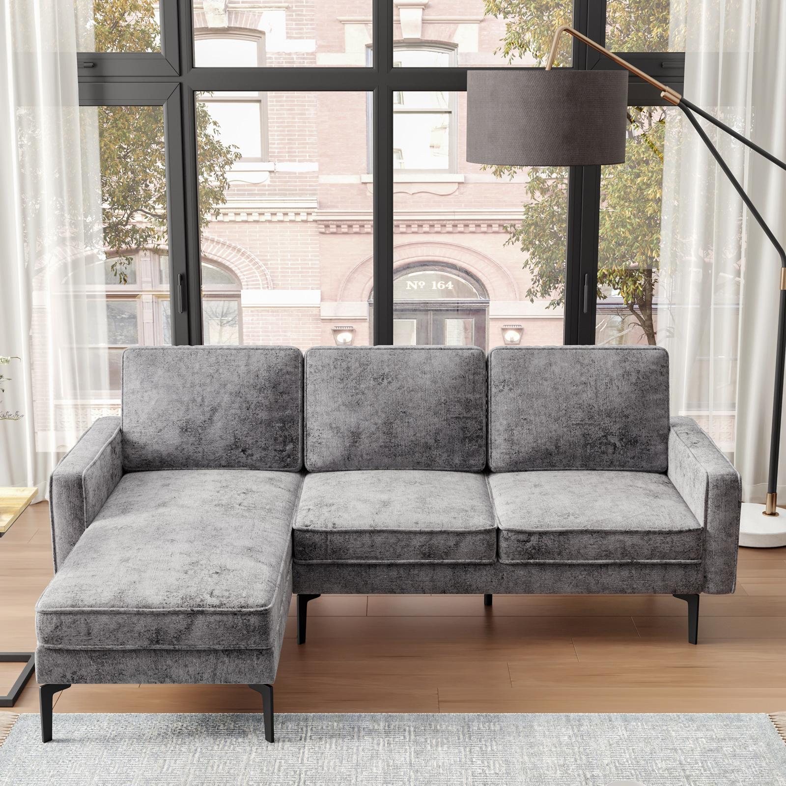 Divano posti in tessuto ciniglia grigio con chaise longue a