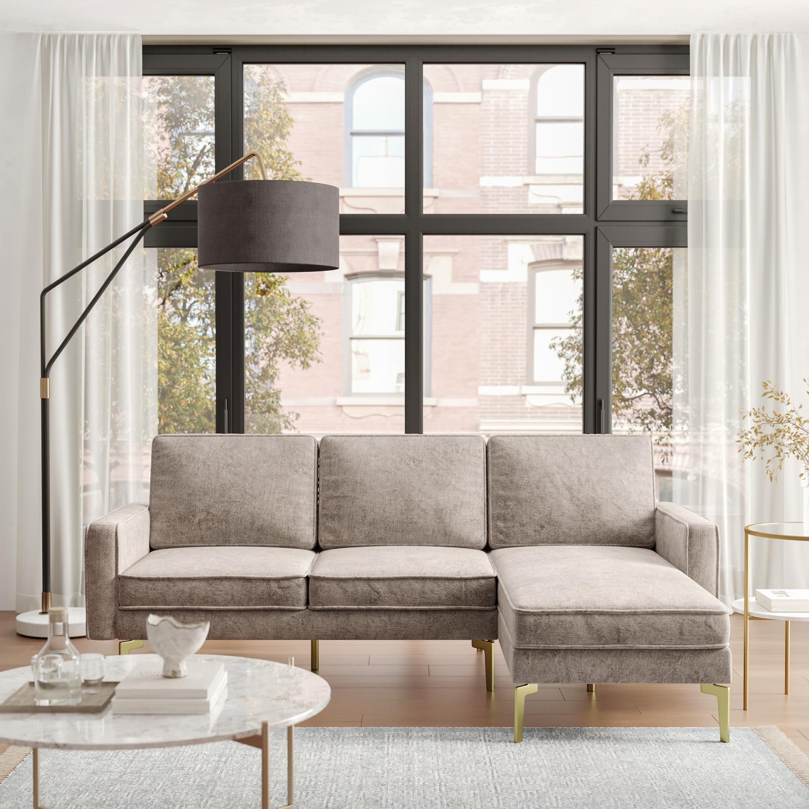 Divano Angolare Convertibile 250 Cm In Tessuto Ciniglia - Con Chaise Lunga E Contenitore, Porte USB E Type-C, Design Moderno, Colore Beige