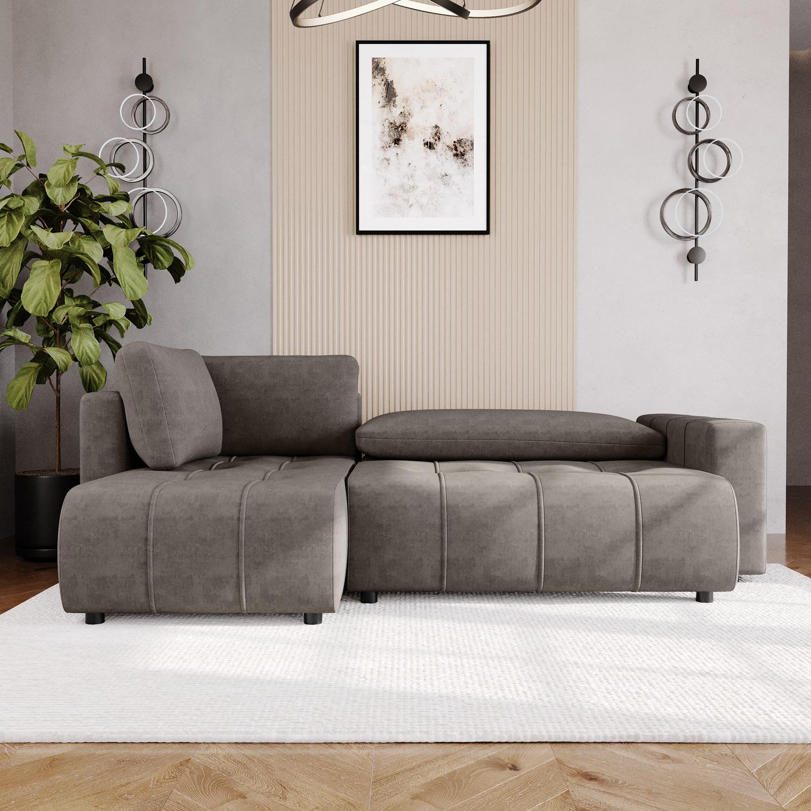 Divano letto posti in tessuto effetto melange grigio con chaise