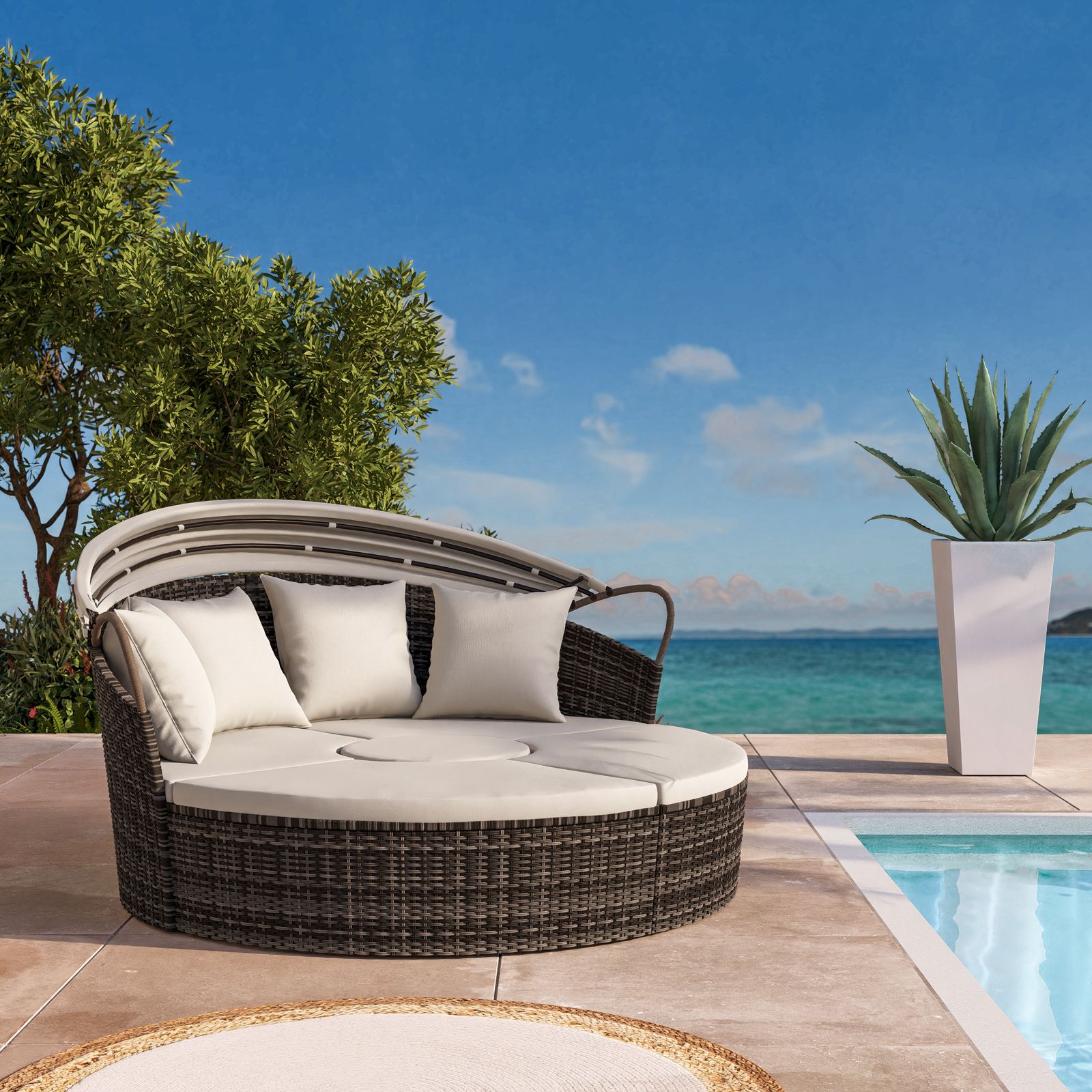 Divano ad isola componibile in polyrattan marrone con cuscini