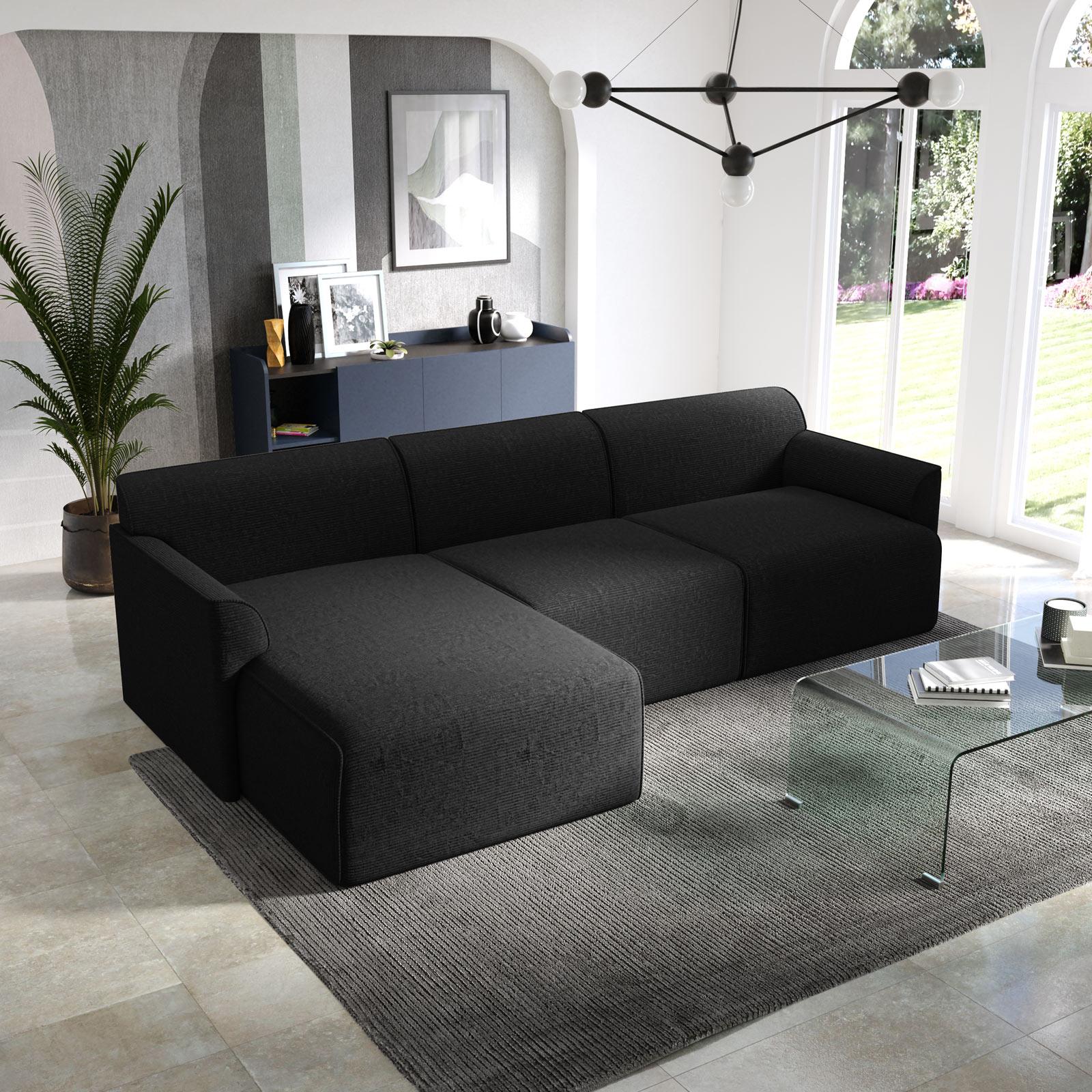 Divano Angolare In Ciniglia Con Funzione Letto – 205x205 Cm, Estraibile Con Pouf, USB/Type-C, Lampada E Tavolino Pieghevole