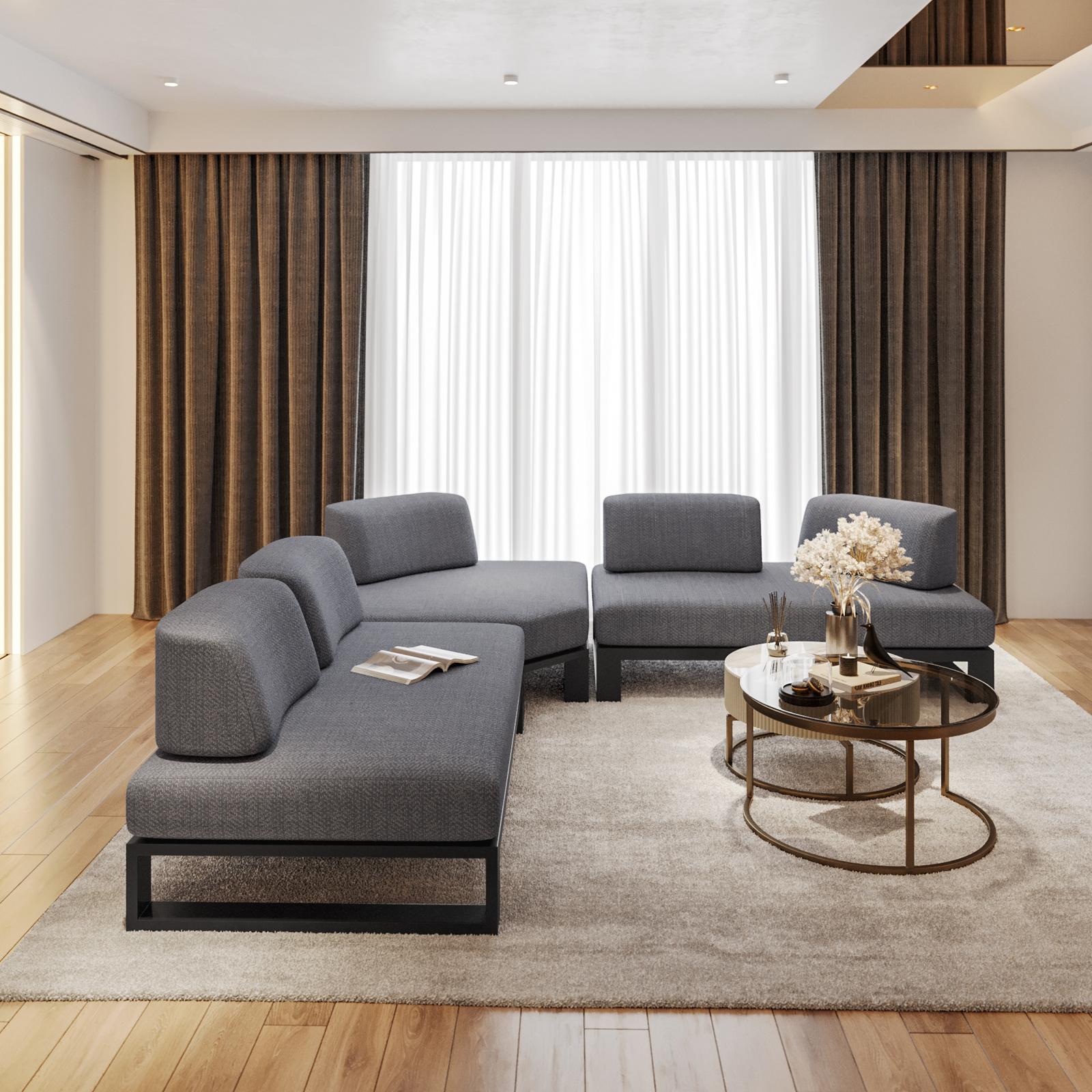 Divano angolare posti in tessuto olefin grigio e alluminio - Main Image