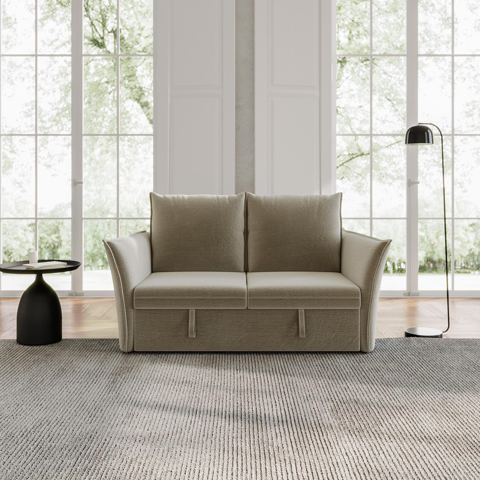 Divano letto posti in tessuto tortora con sistema estraibile e