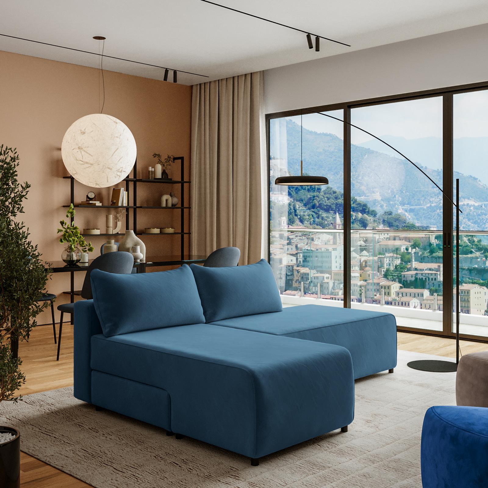 Divano letto posti in velluto blu petrolio con sedute modulari e