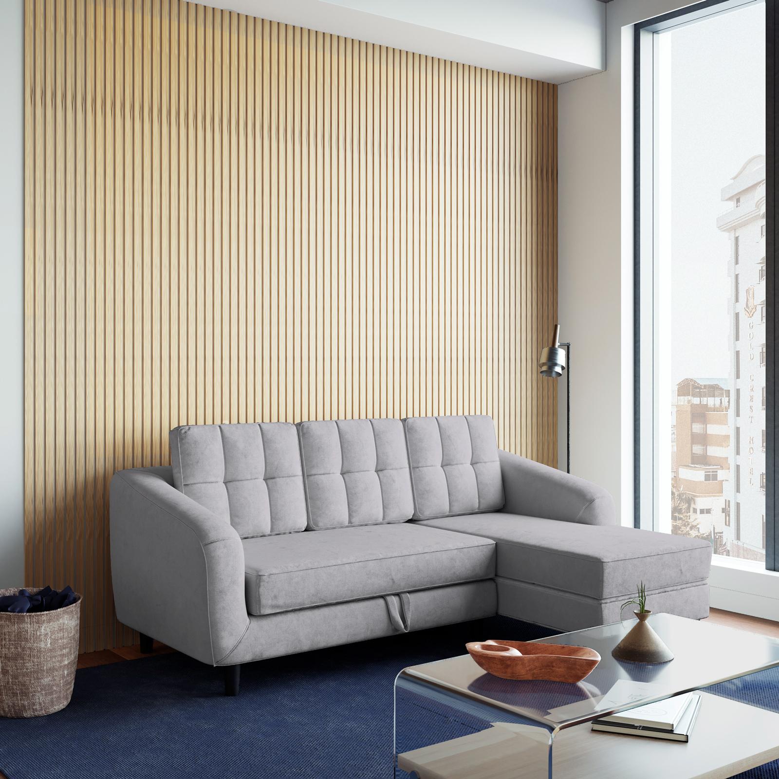 Divano Letto Modulare A L Con Chaise Longue - Velluto Nero, Estraibile E Con Contenitore | Per Soggiorno - Foto 5