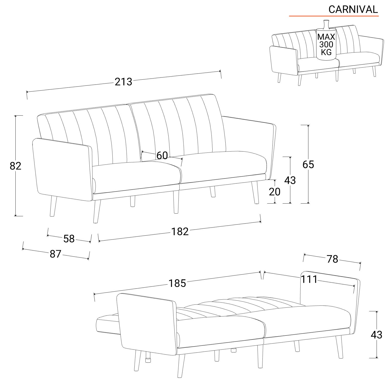 Divano letto reclinabile 3 posti in tessuto beige trapuntato - Carnival