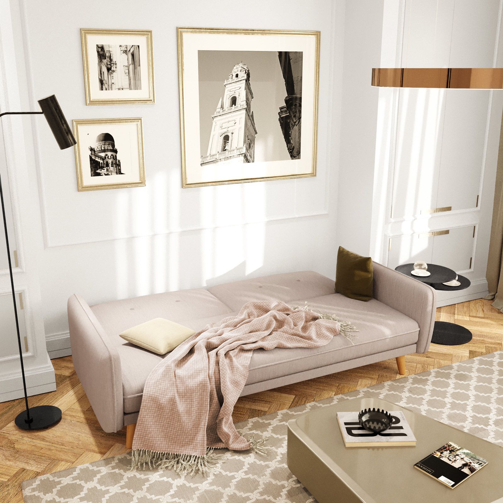 Divano letto 3 posti in tessuto beige con gambe in legno - Tayler