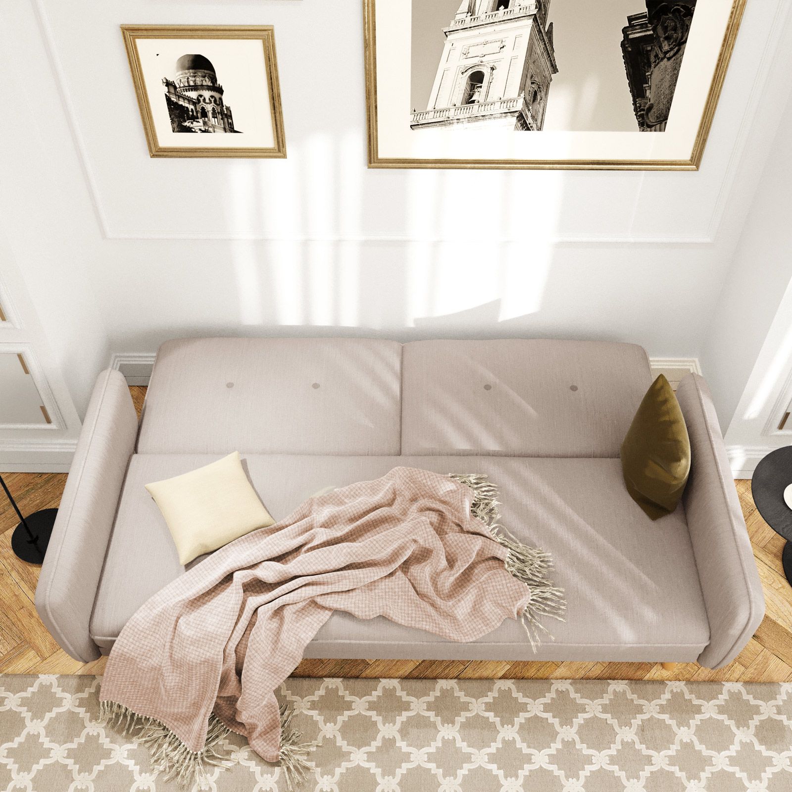 Divano letto posti in tessuto beige con gambe in legno Tayler