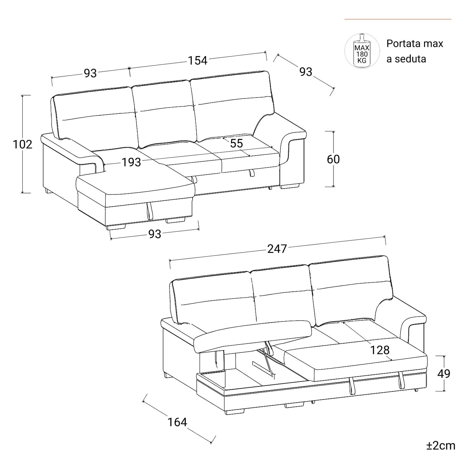 Divano letto posti in tessuto ciniglia tortora a costine con