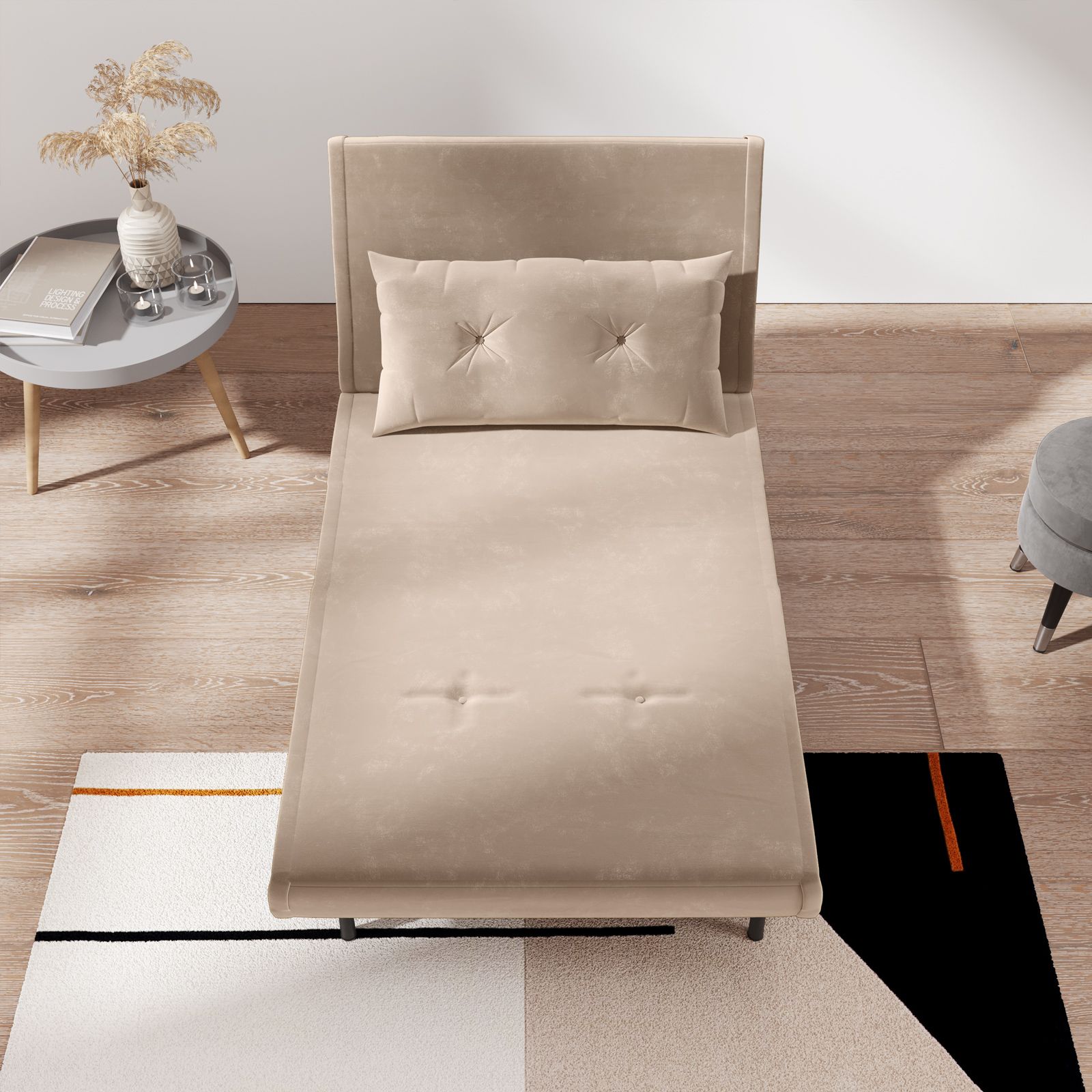 Divano letto 1 posto in velluto beige con cuscino e gambe in