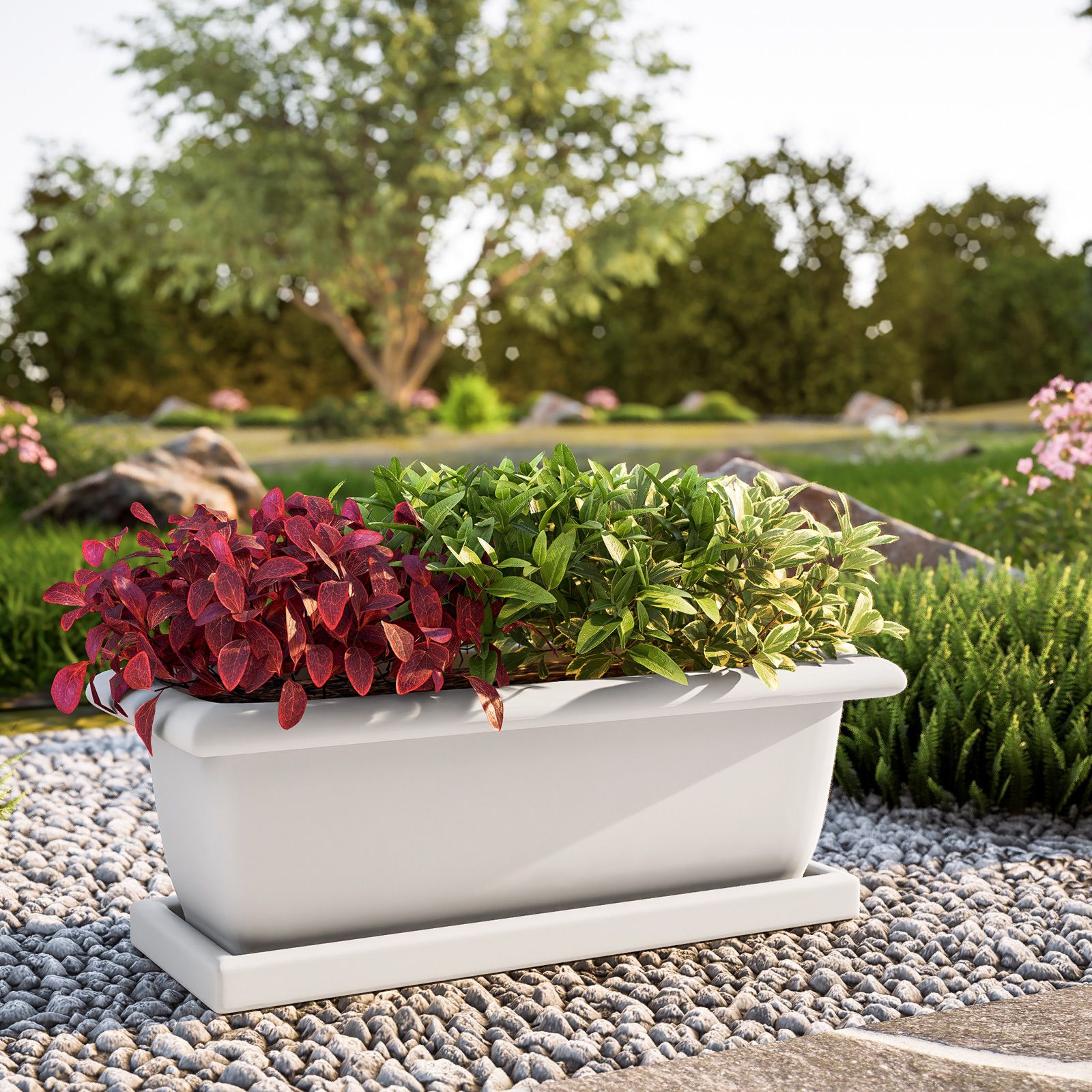 3 Fioriere Rettangolari In Resina Balcone Giardino – Bianche, Con Fori Di Drenaggio, 50x21x14 Cm