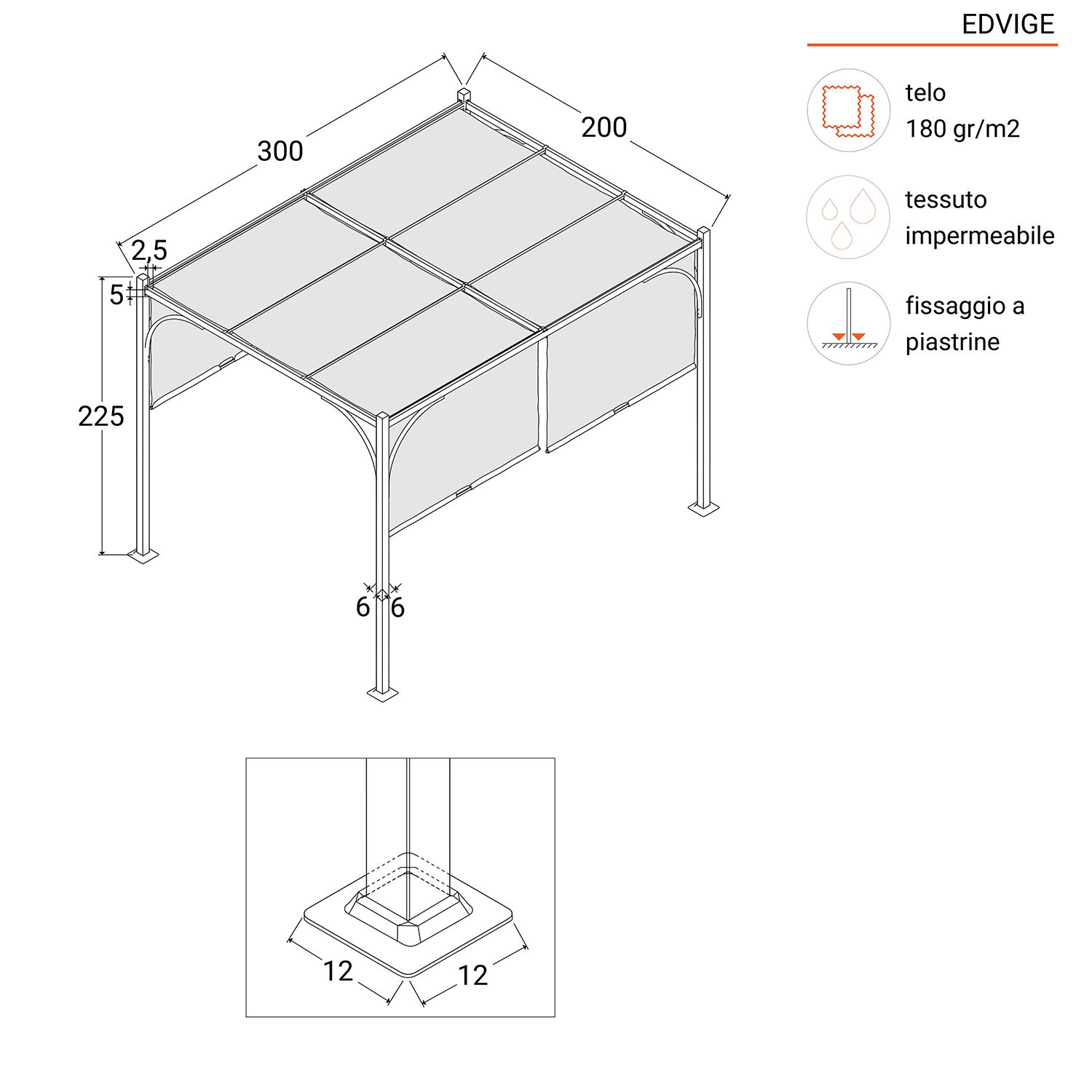 Gazebo 2x3 m tetto scorrevole grigio e struttura antracite - Edvige