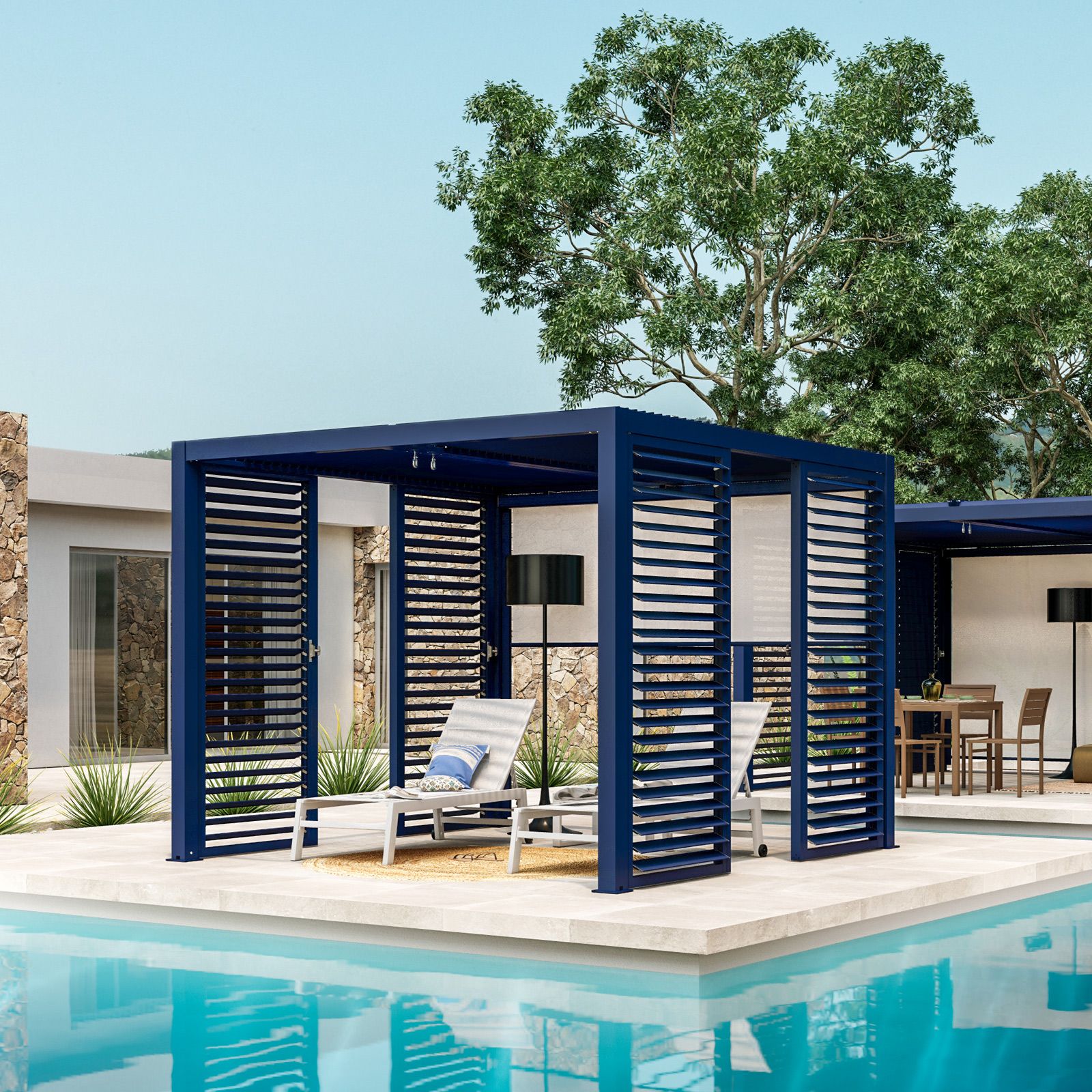 Gazebo con tetto a lamelle 3x3 m in alluminio blu cobalto - Harmony