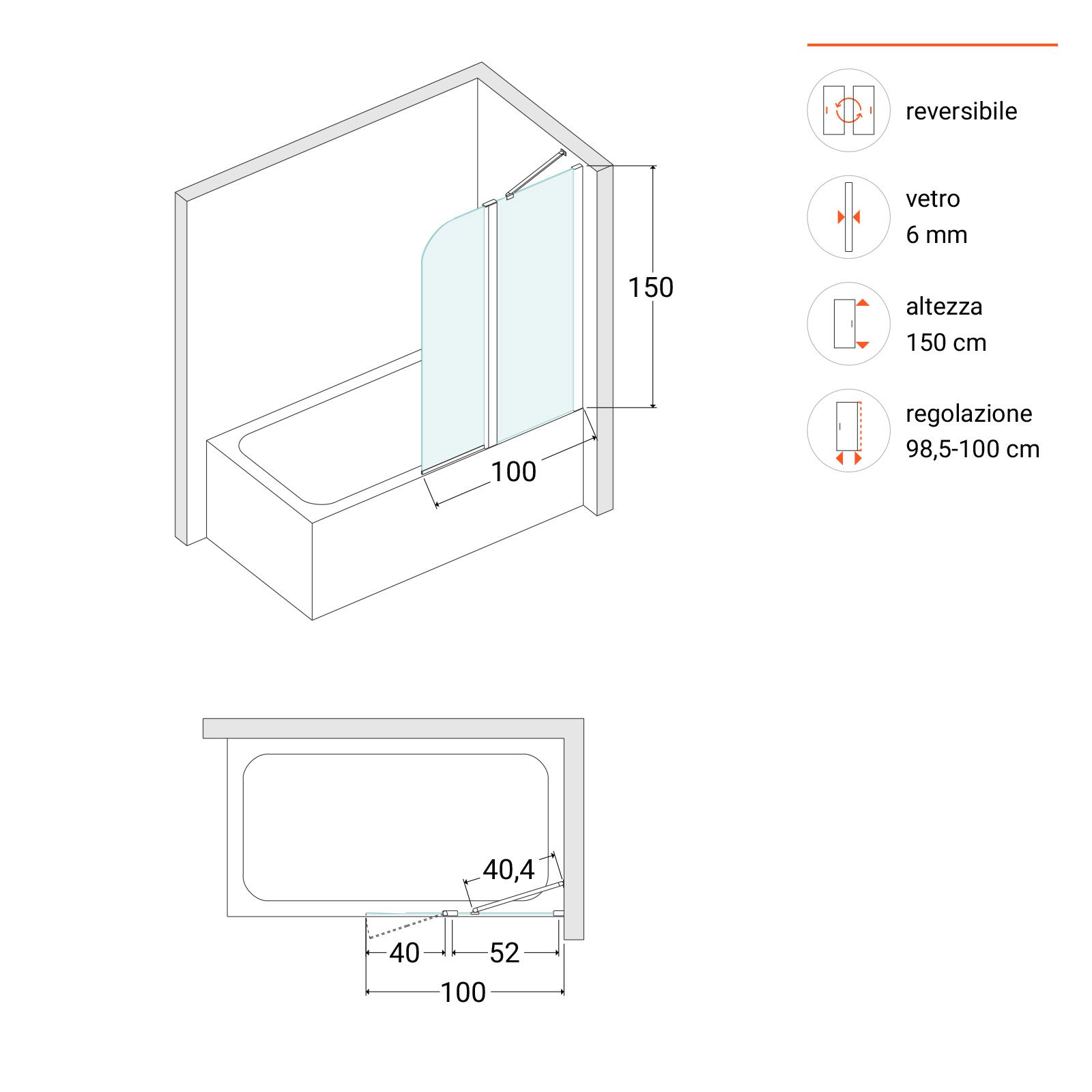 Box sopravasca 100 cm in vetro temperato anticalcare altezza 150 cm  reversibile