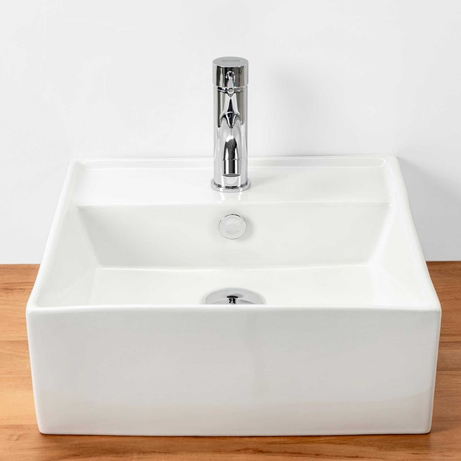 Lavabo da appoggio squadrato 41 cm in ceramica bianco lucido monoforo