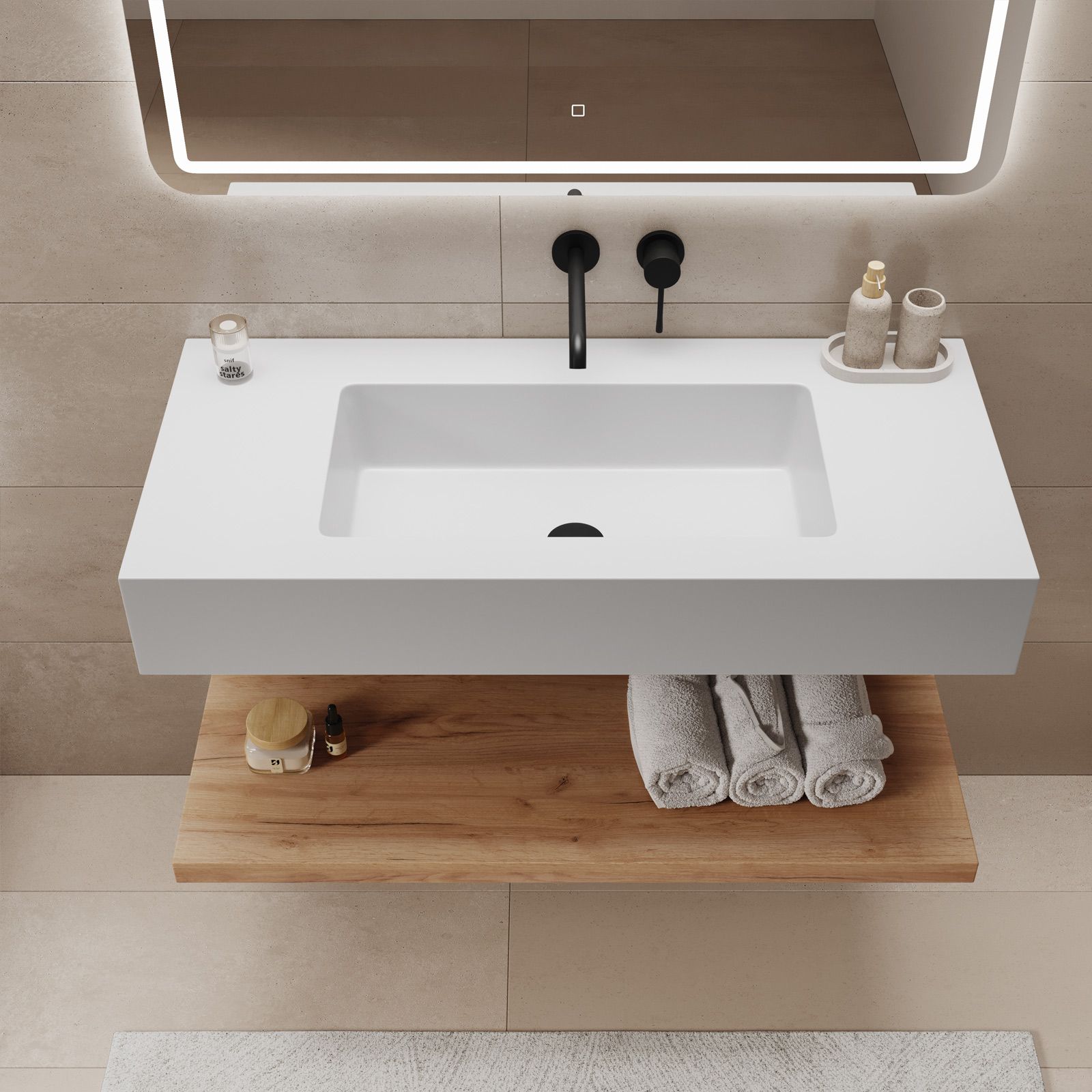 Lavabo 100 cm bianco opaco con mensola inferiore rovere gold - Agua