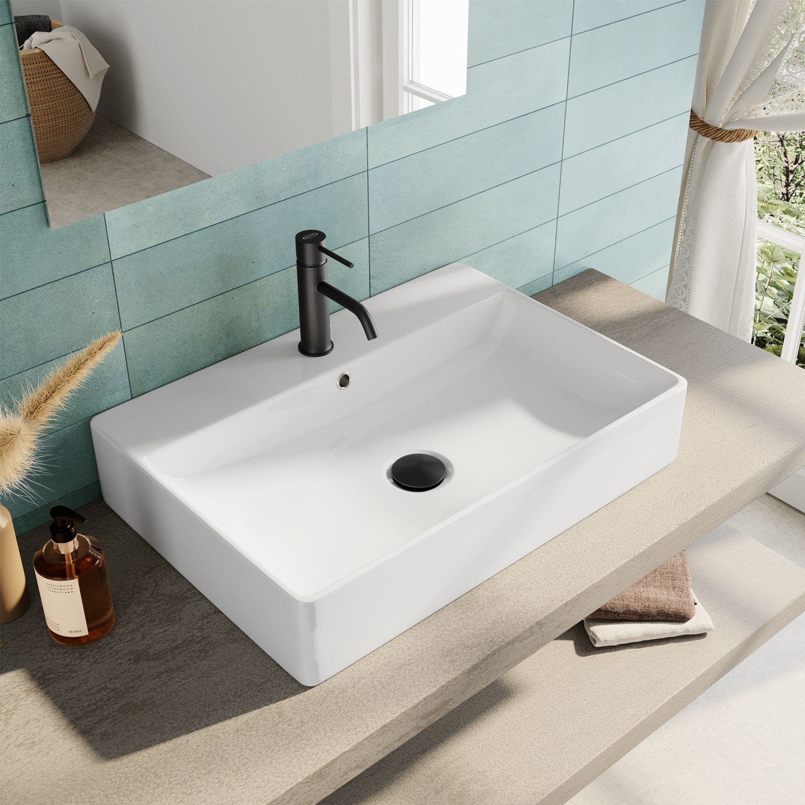 Lavabo monoforo 60 cm appoggio o sospeso in ceramica bianco