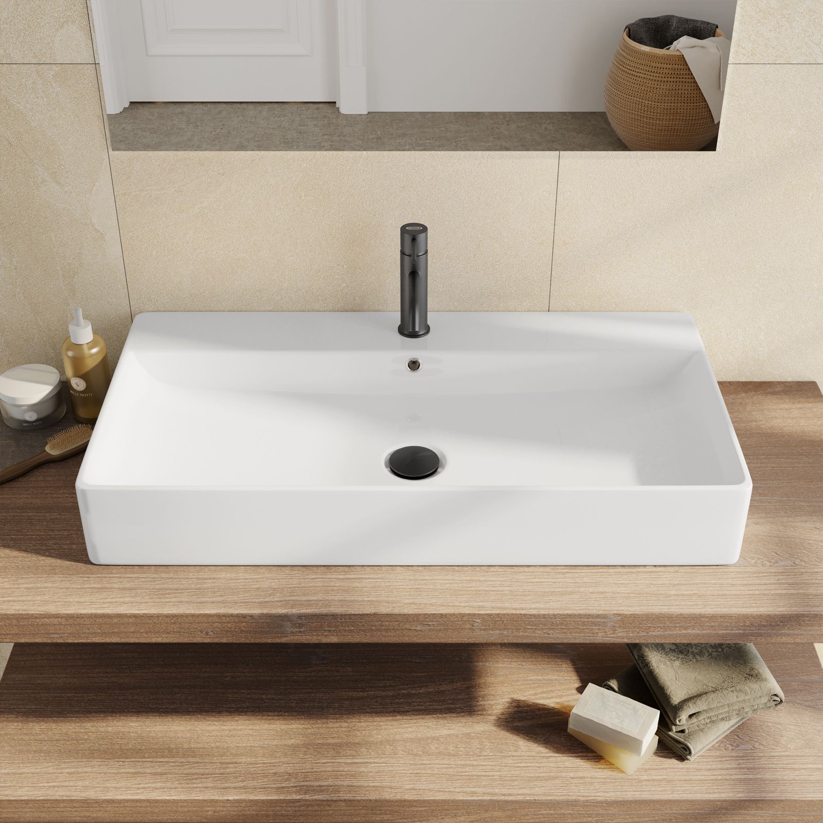 Lavabo monoforo 80 cm appoggio o sospeso in ceramica bianco - Braies