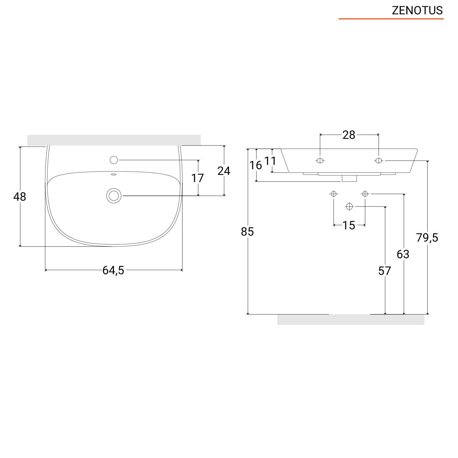 Lavabo sospeso 65 cm con semicolonna in ceramica bianco lucido