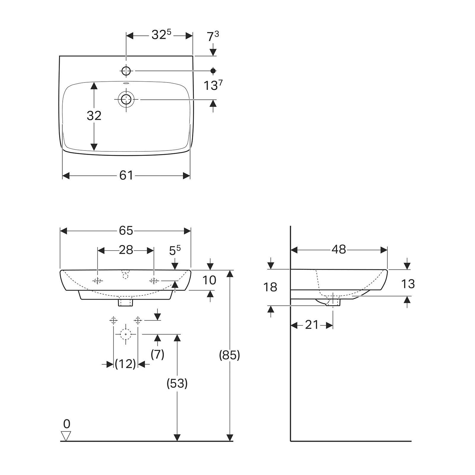 Lavabo sospeso 65cm lavandino bagno ceramica 1 e 3 fori Geberit Selnova