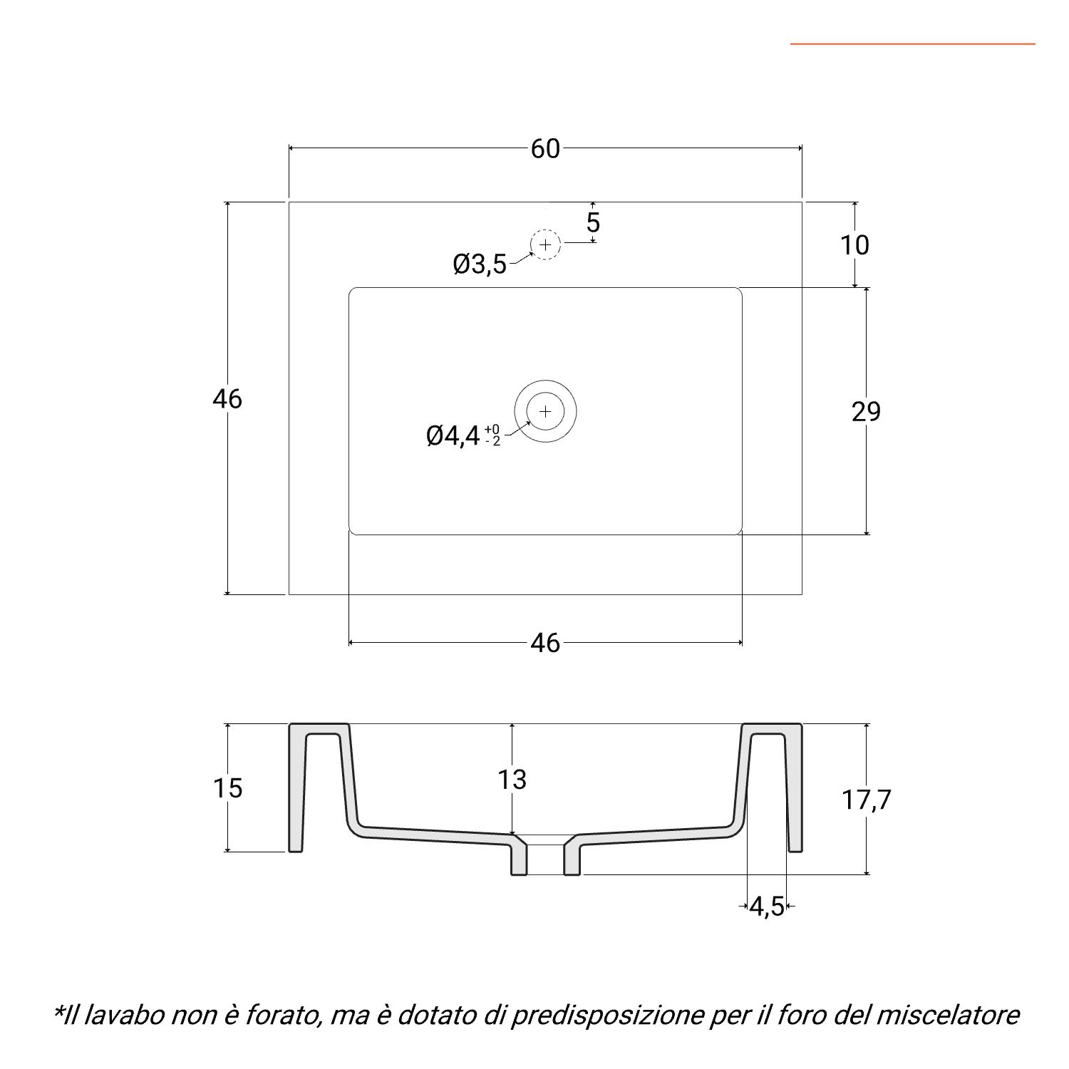 Lavabo Sospeso/Appoggio Design Santona 60X42X13 in Ceramica Lucido