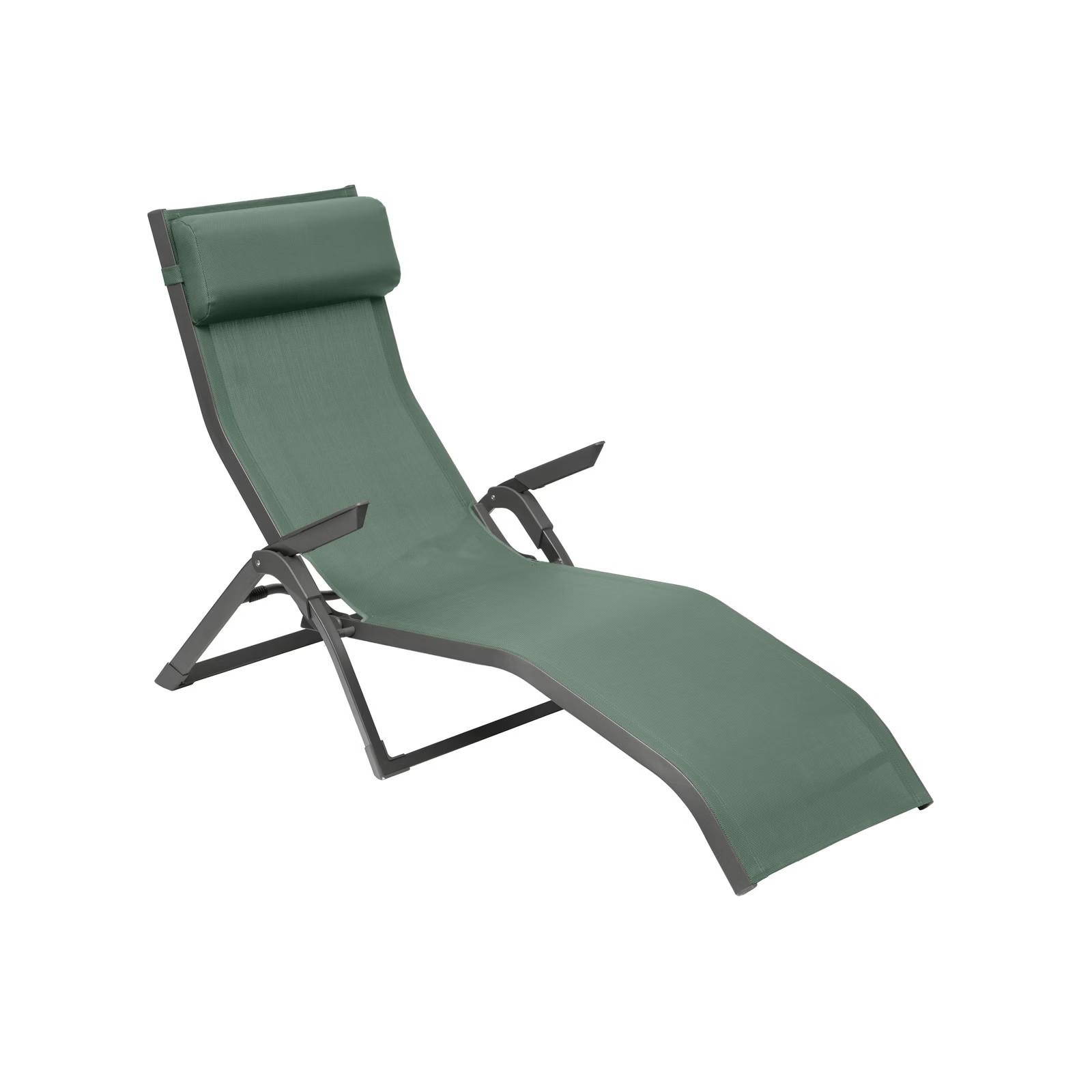 Lettino prendisole con cuscino poggiatesta e braccioli in