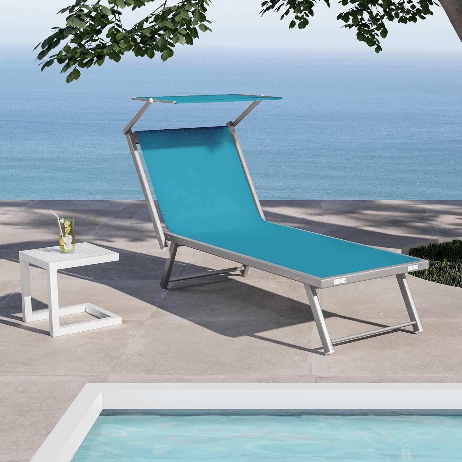 Lettino Da Mare Professionale In Alluminio Con Tettuccio Parasole Blu  186x61x39