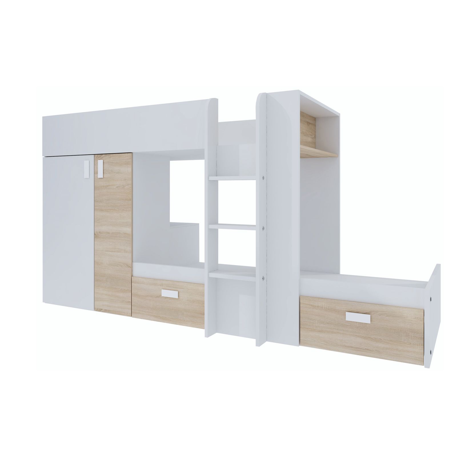Letto a castello 285x150 cm con armadio e cassetti in legno latte e