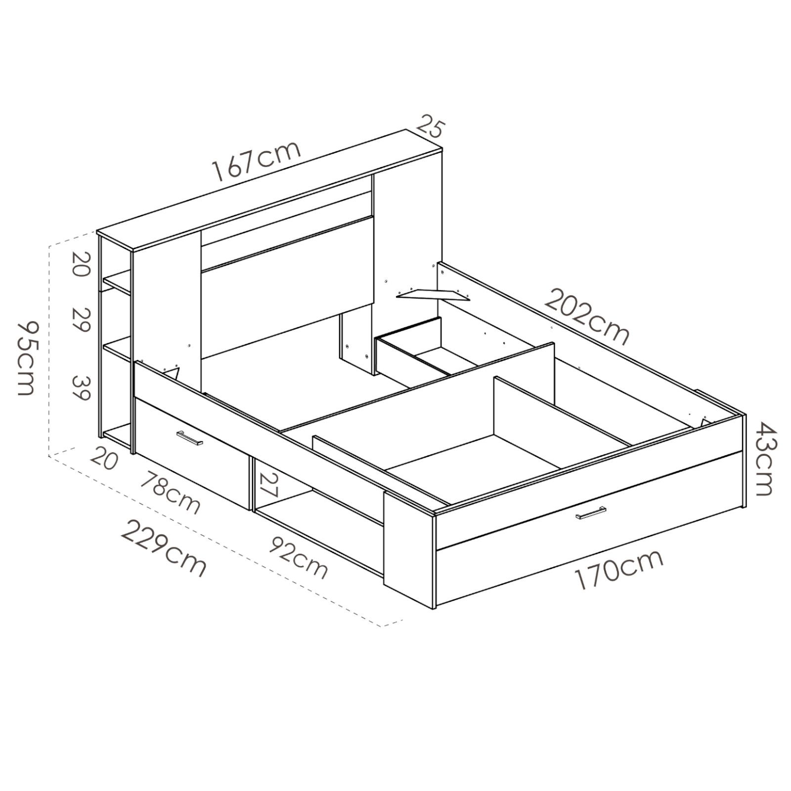 Letto matrimoniale 160x200 cm in legno bianco con vani e cassetti