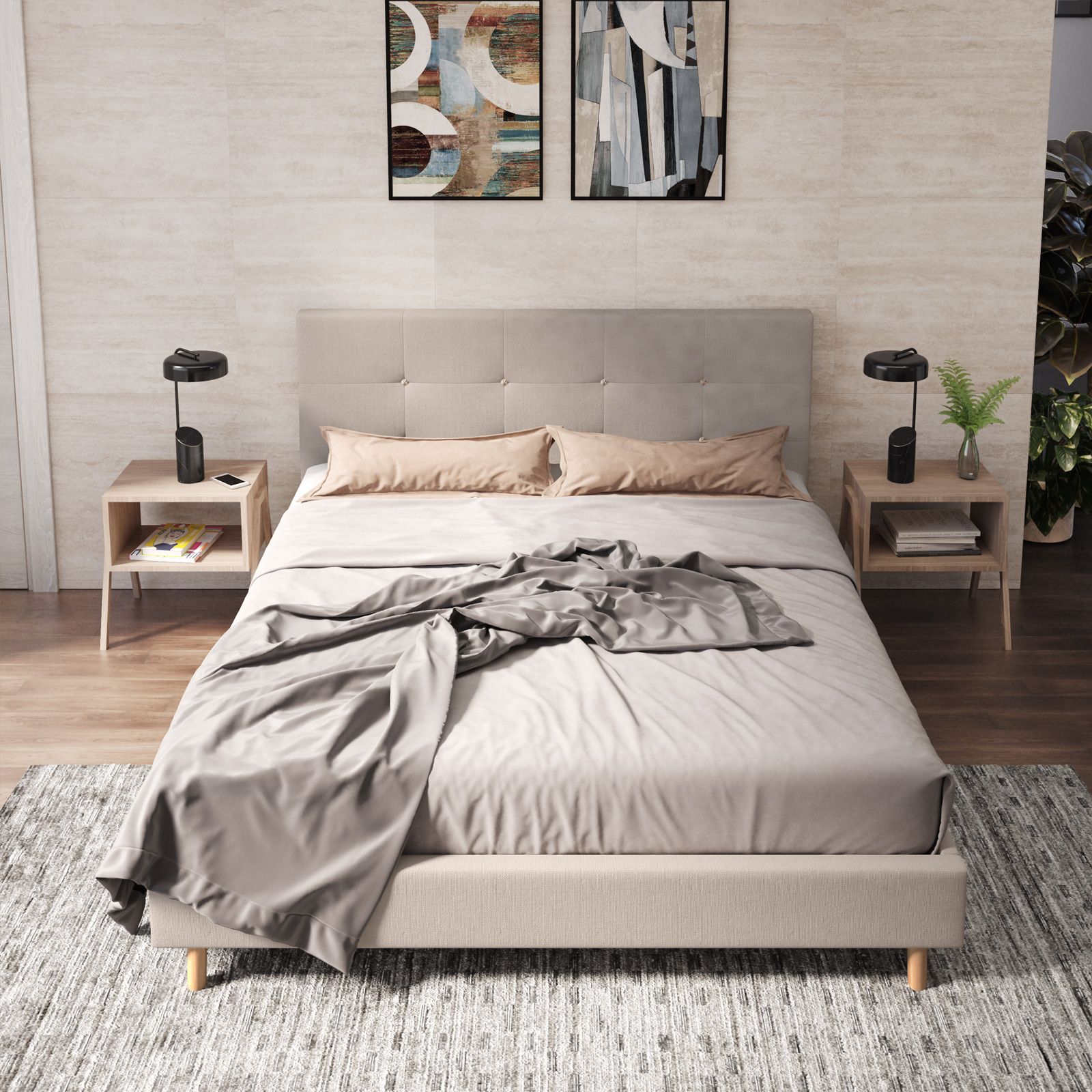 Letto matrimoniale 160x190 cm in tessuto beige e gambe in legno