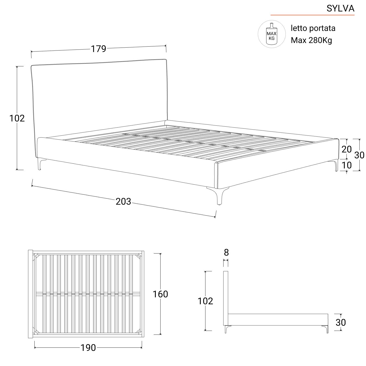 Letto matrimoniale 160x190 cm in tessuto beige e gambe nere - Sylva