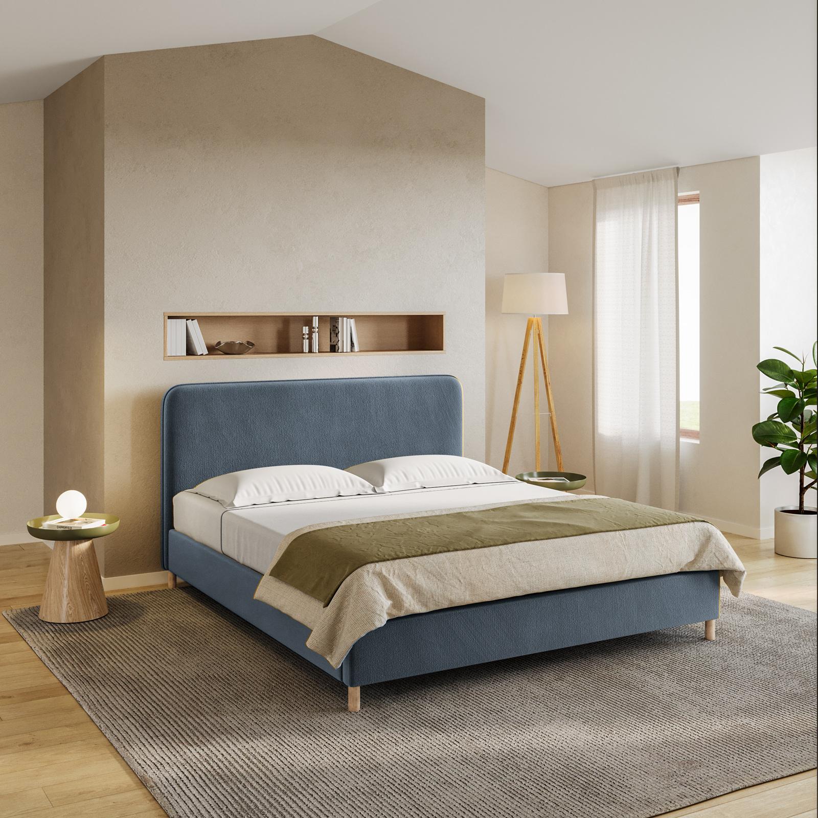 Letto Matrimoniale, Design elegante in lino, senza Materasso, 140x200 cm, Blu | Italy