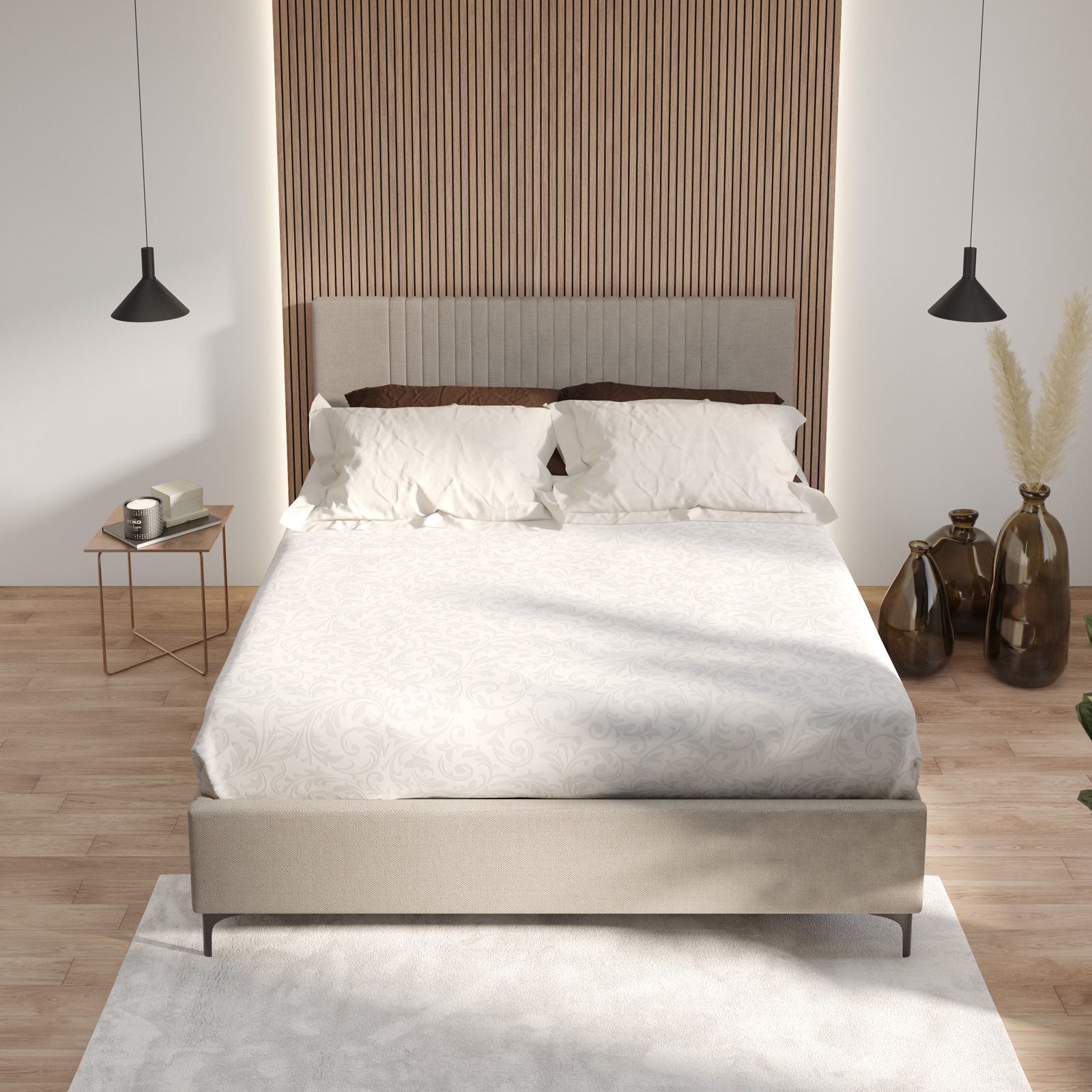 Letto matrimoniale 160x190 cm in tessuto effetto maglia beige con  contenitore - Maverick