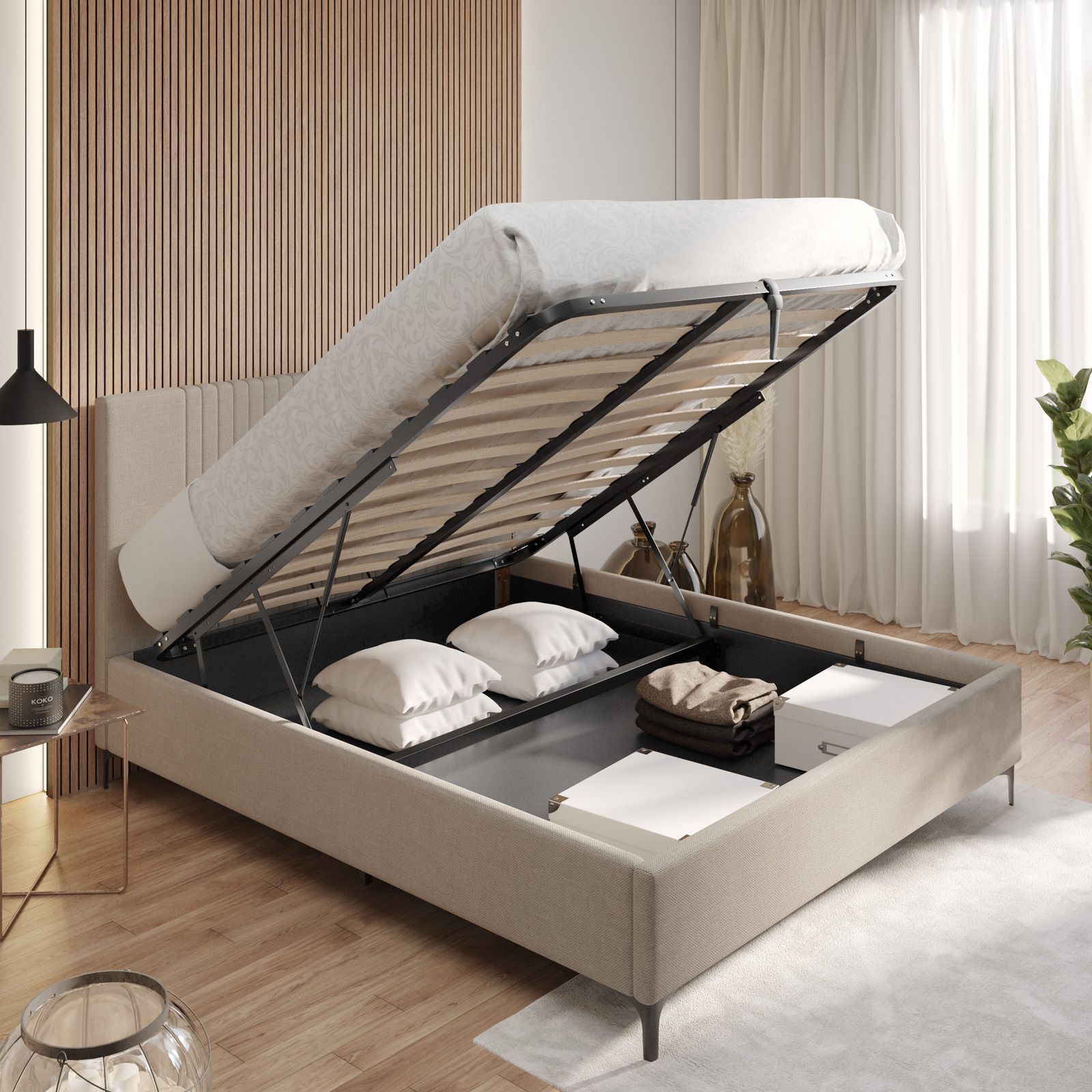 Letto matrimoniale 160x190 cm in tessuto effetto maglia beige con  contenitore - Maverick