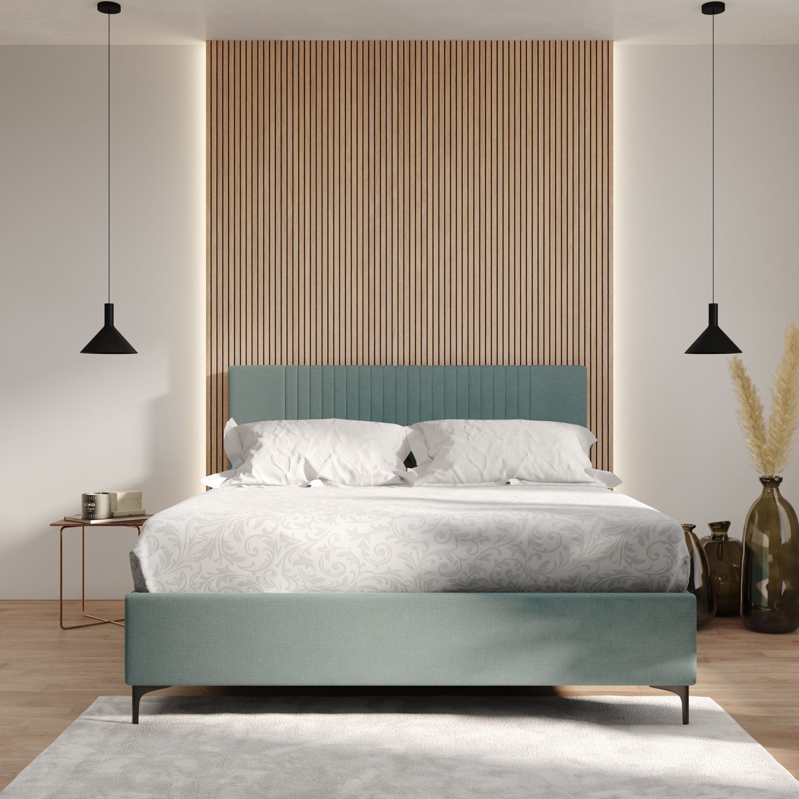 Letto matrimoniale 160x190 cm in tessuto effetto maglia verde salvia con  contenitore - Maverick