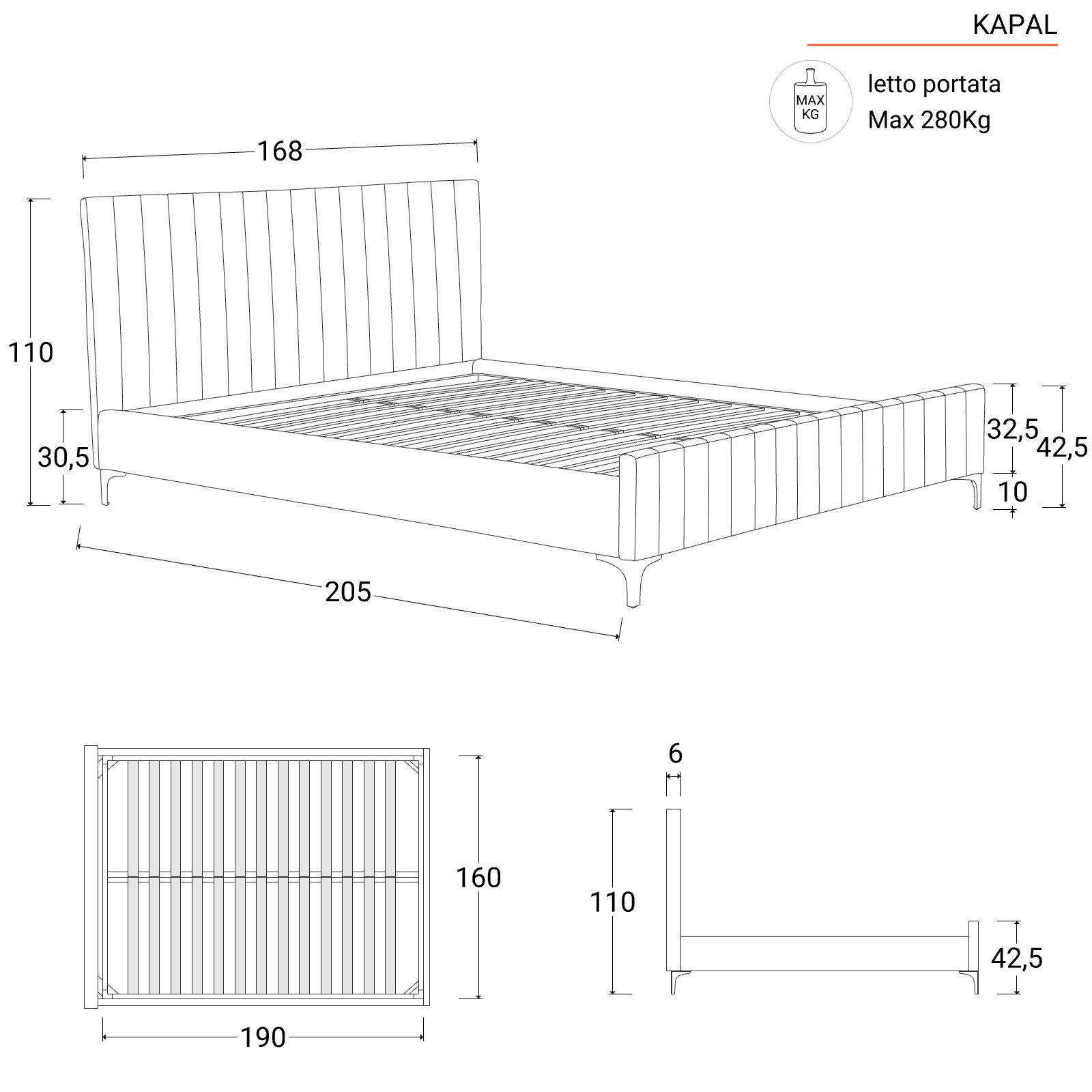 Letto matrimoniale 160x190 cm in velluto blu petrolio gambe nero - Kapal