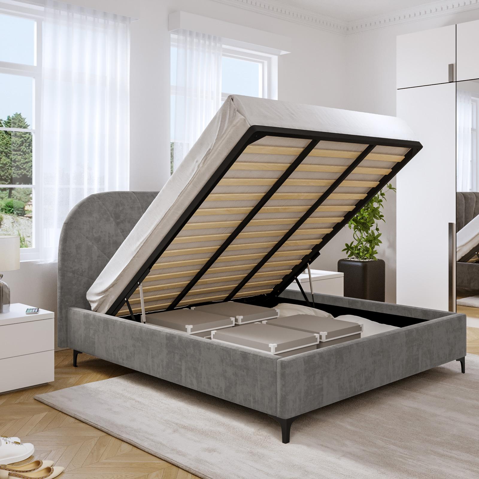 Letto Matrimoniale 160x200 Cm Con Contenitore E Luci LED - Velluto Grigio Scuro, Materasso A Molle Insacchettate