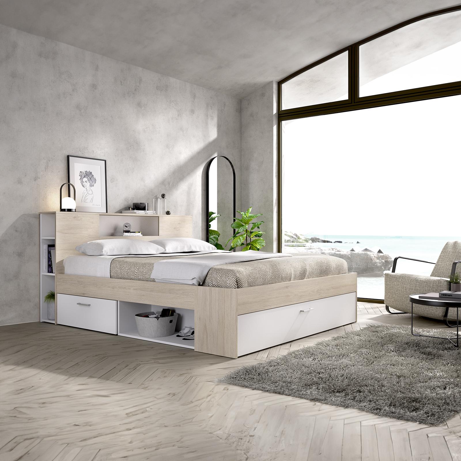 Letto matrimoniale 160X200 cm bianco ed effetto rovere naturale
