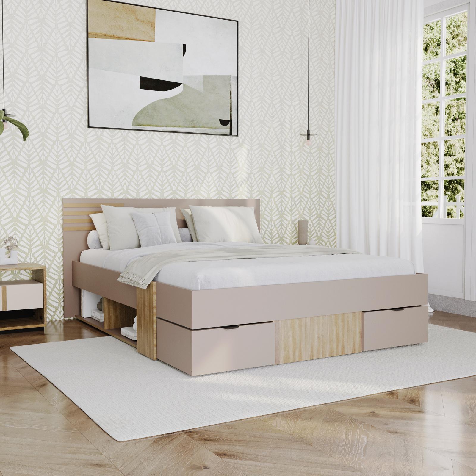 Letto matrimoniale 160x200 cm cashmere opaco e rovere con vani