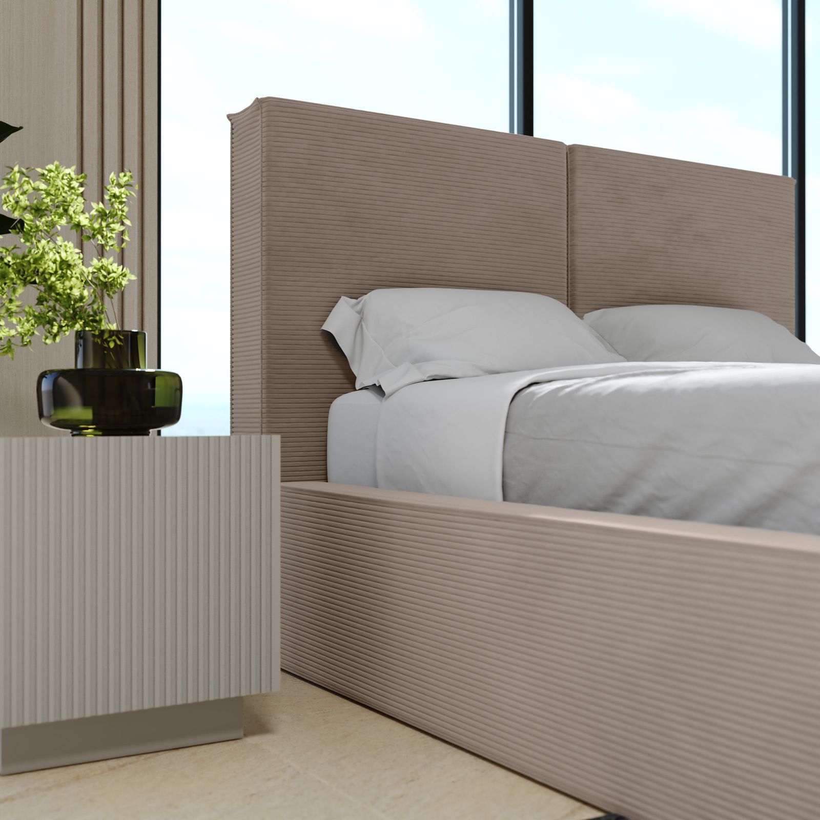 KOMHTOM Letto Matrimoniale Imbottito In Velluto Beige 160x200: Testiera Elegante, Struttura Con Doghe, Gambe Cilindriche