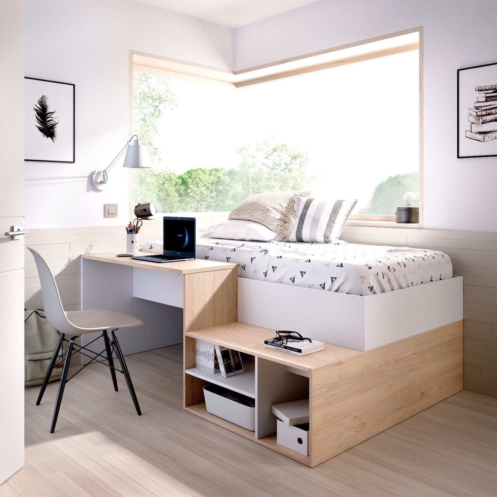 Letto per bambini 303x97 cm in legno bianco e naturale con letto estraibile  e armadio - Kora