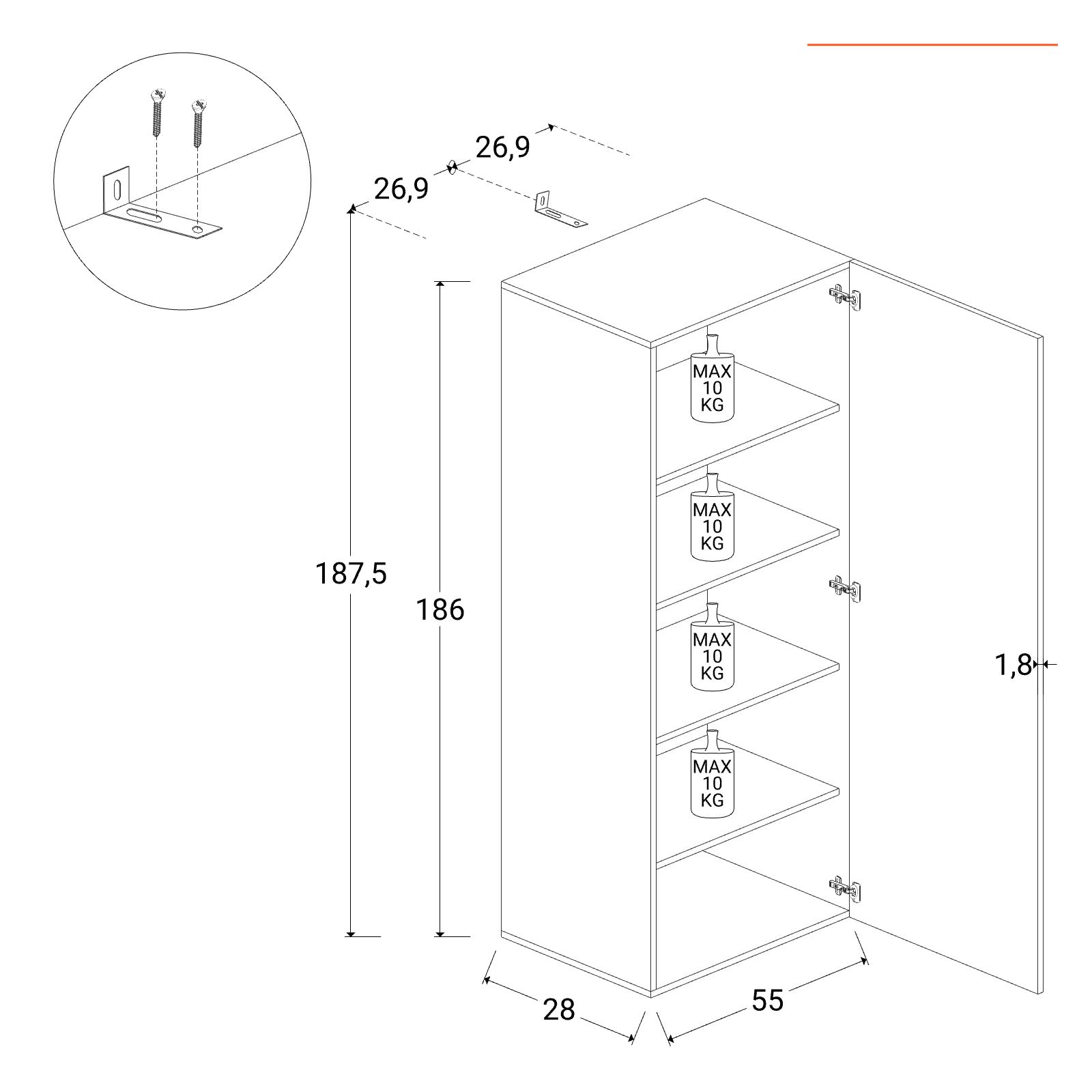 Libreria 111x186h cm 3 elementi argilla con vani a giorno e anta - Clary