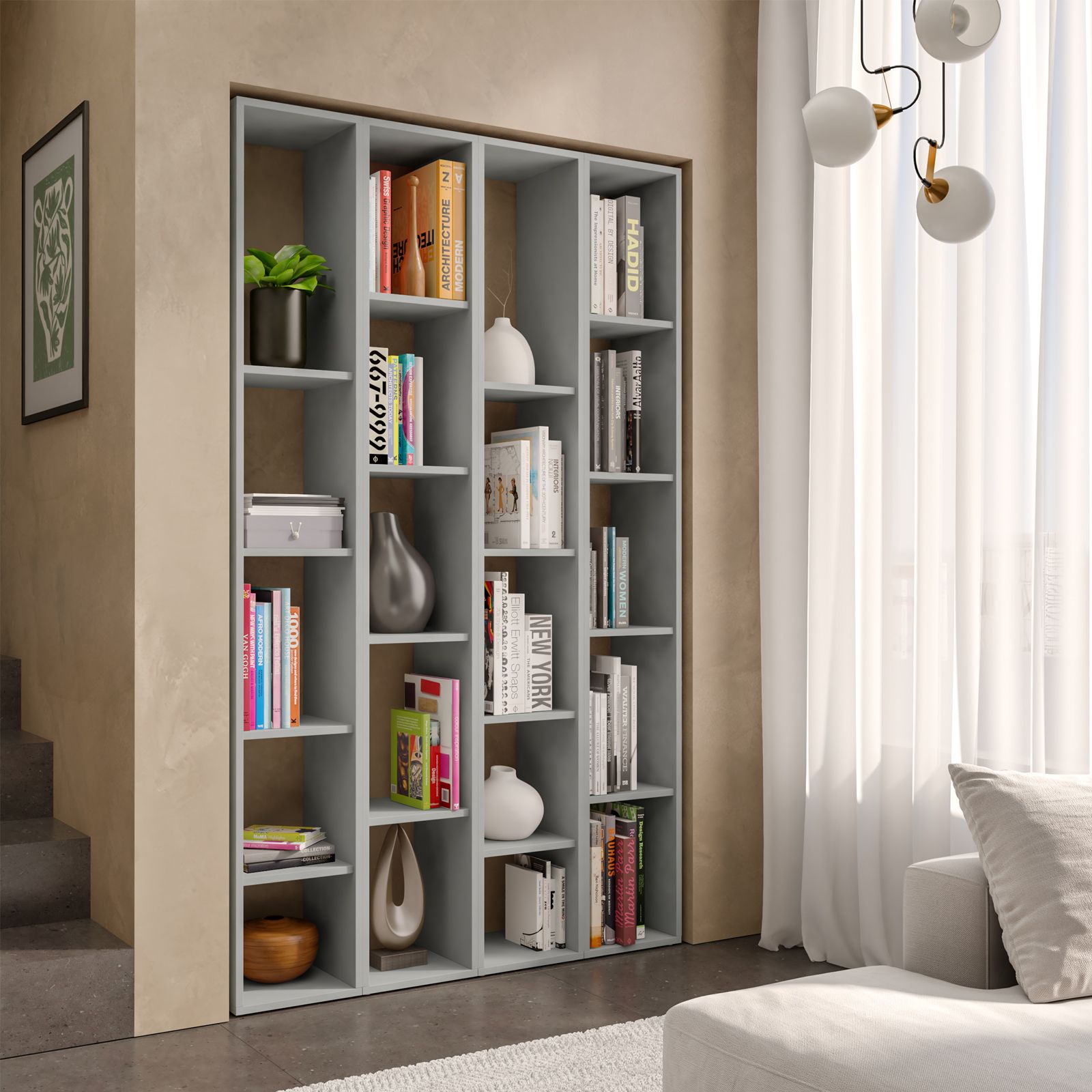 Libreria 221x186h cm 5 elementi ardesia con vani a giorno e 3 ante - Clary